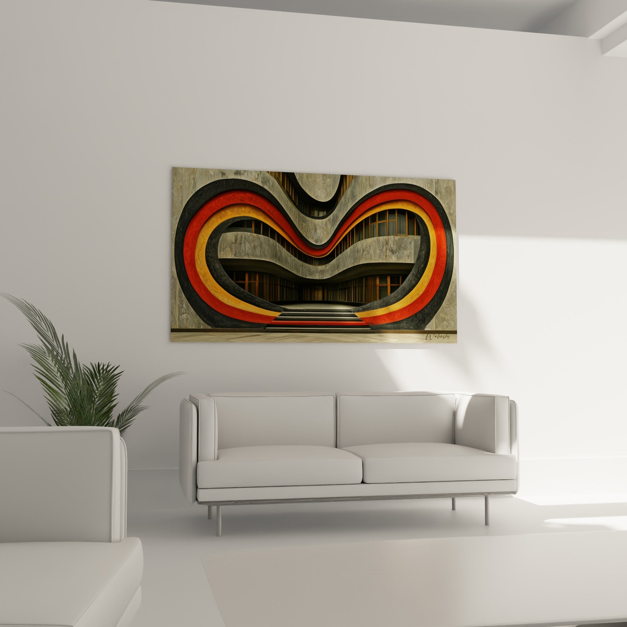Façade sculptée aux teintes rouge et dorée au-dessus d'un canapé dans un salon lumineux