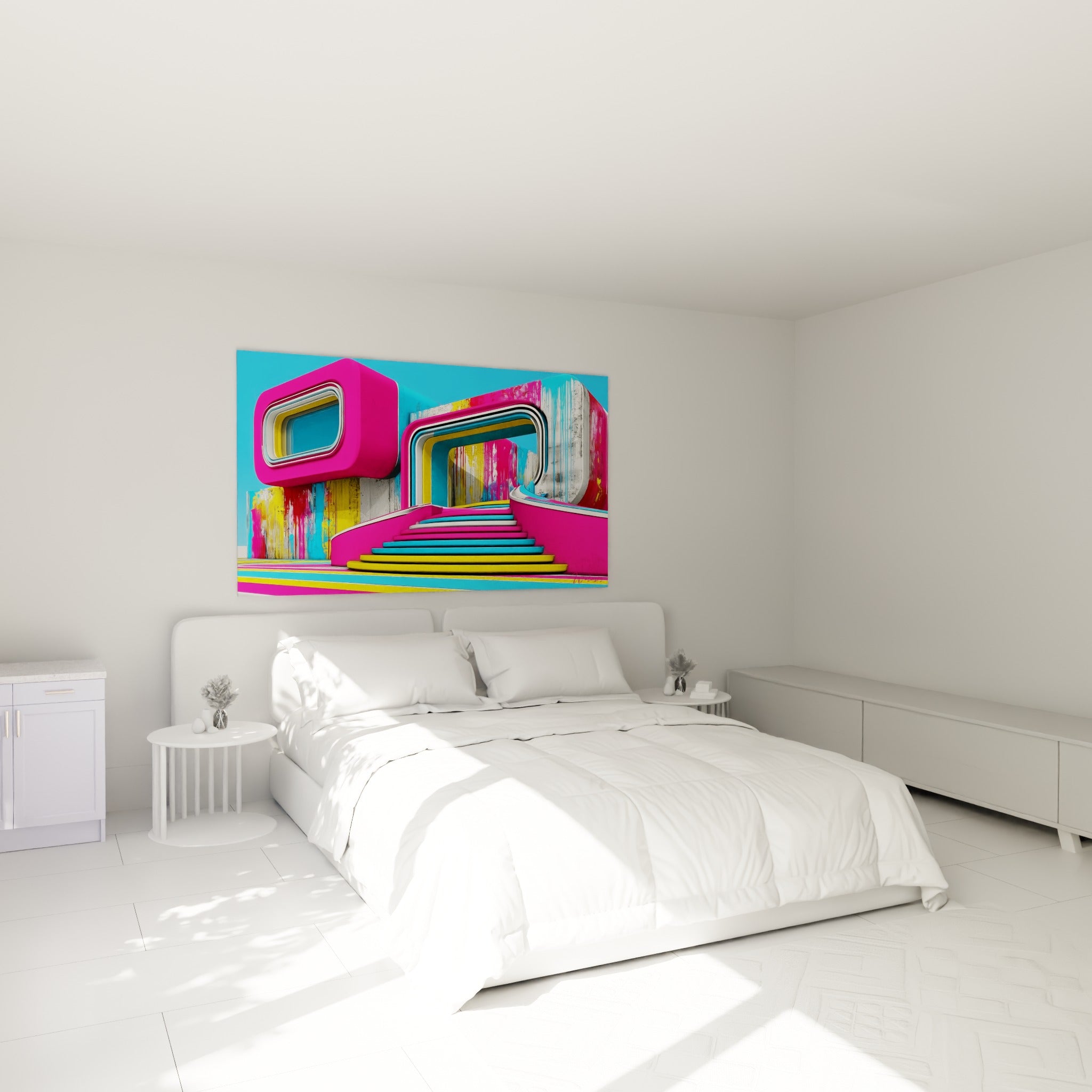 Formes futuristes rose et jaune de cette architecture abstrait, accrochée au-dessus d'un lit dans une chambre claire