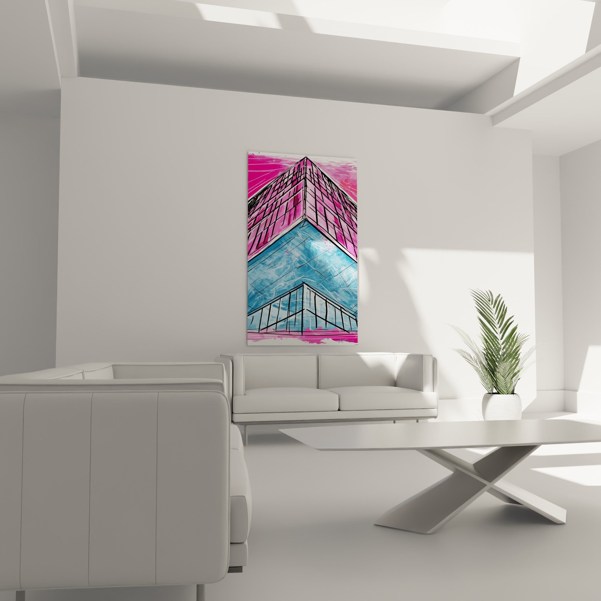 Structure architecturale fuchsia et bleu pétrole aux arêtes marquées, au-dessus d'un canapé dans un salon lumineux