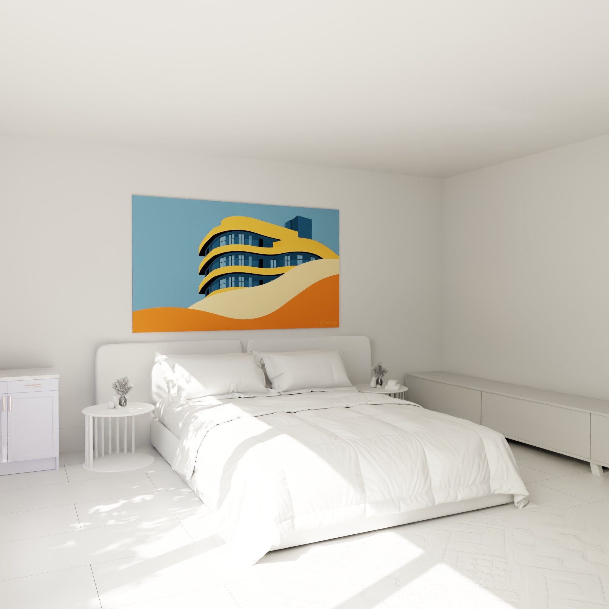 Balcons dorés incurvés sur fond bleu et orange, tableau architecture abstrait au-dessus d'un lit dans une chambre claire