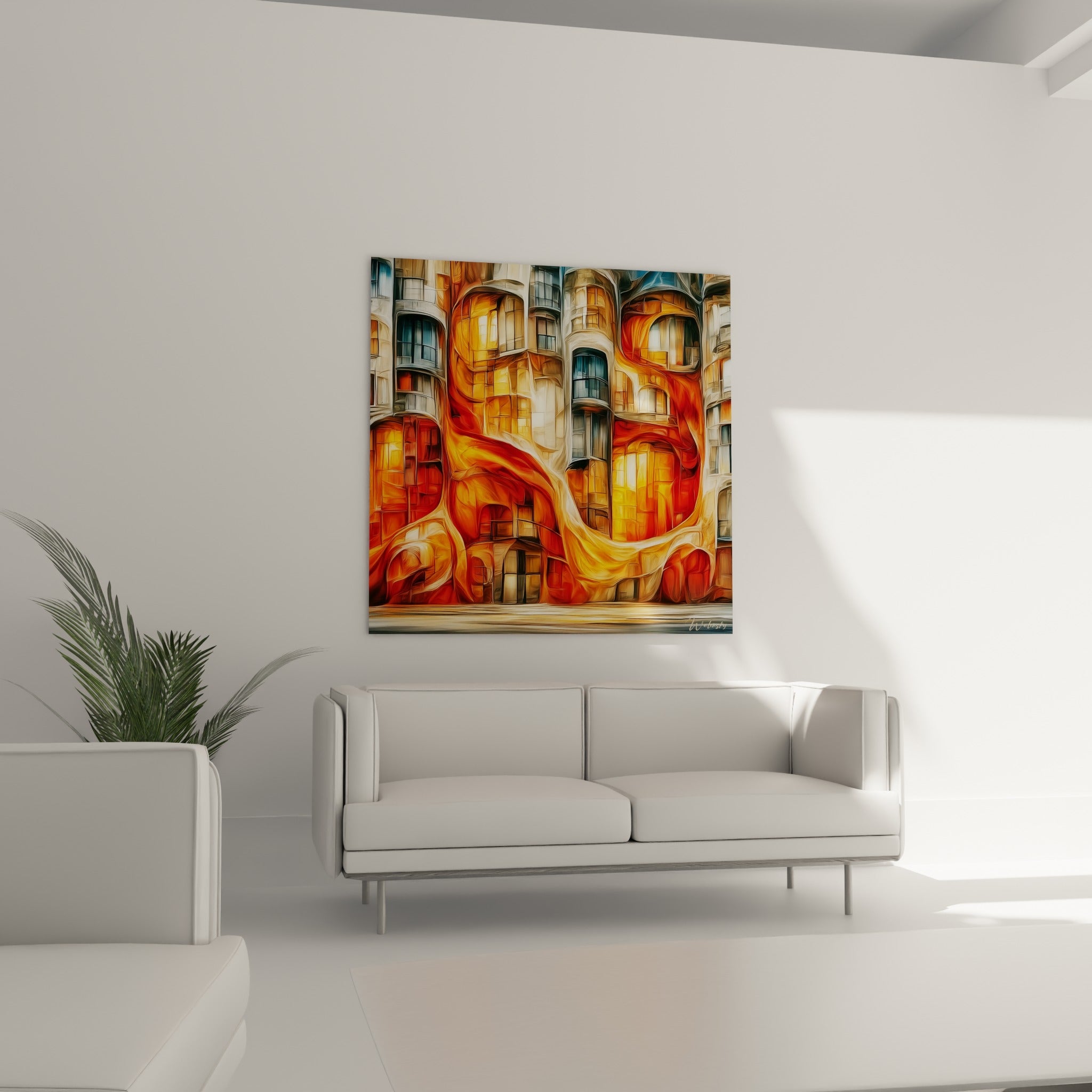 Fenêtres et balcons liquéfiés en orange et bleu, tableau architecture abstrait au-dessus d'un canapé dans un salon lumineux