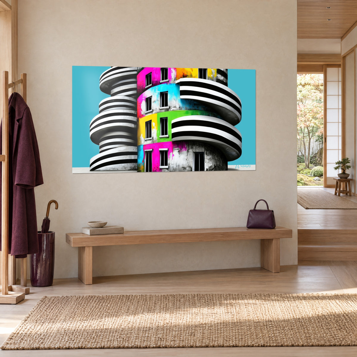 Tableau immeuble cylindrique de balcons zébrés noir et blanc, murs fuchsia et turquoise sur ciel bleu, vue de trois-quarts