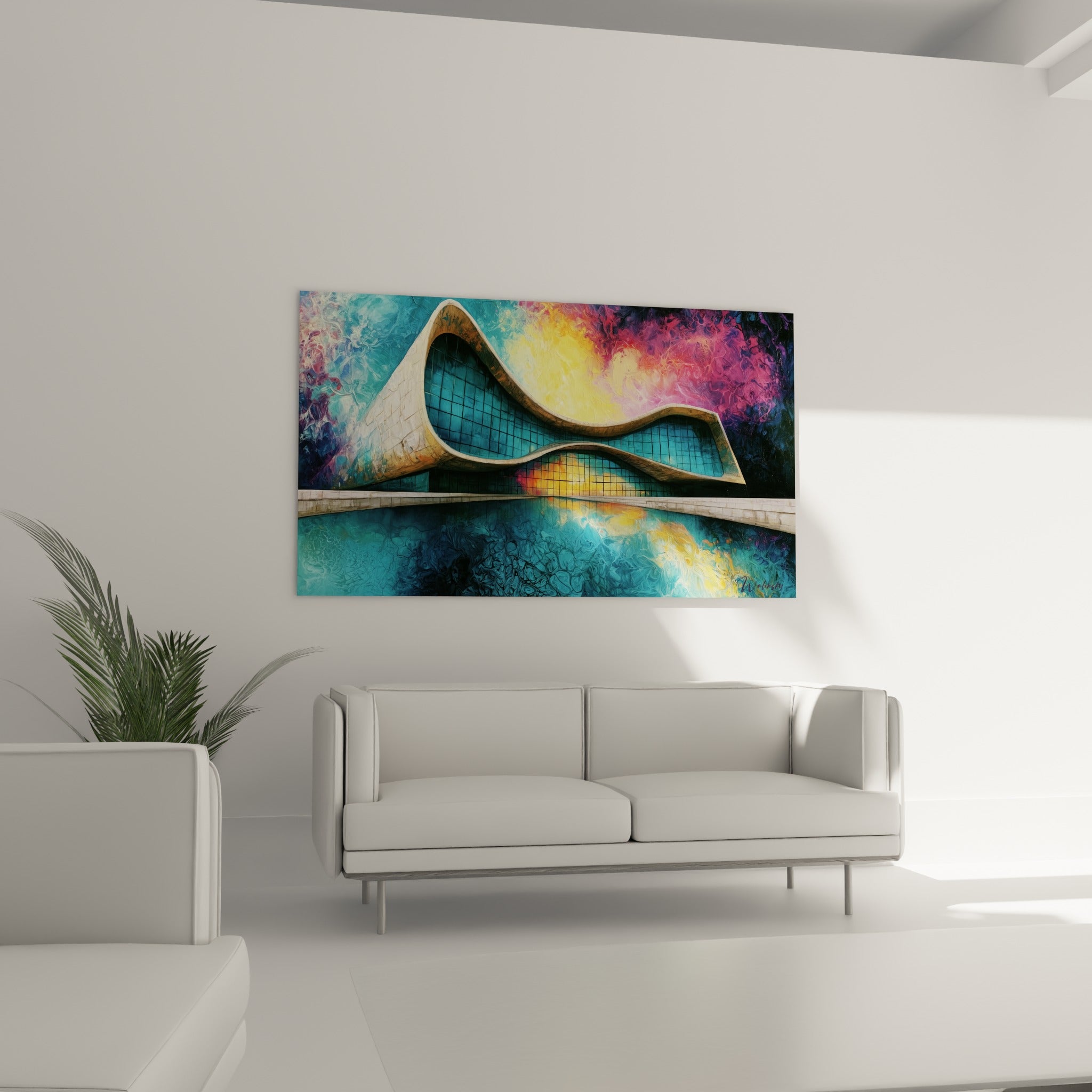 Édifice aux courbes fluides et reflets magenta, tableau architecture abstrait au-dessus d'un canapé dans un salon lumineux