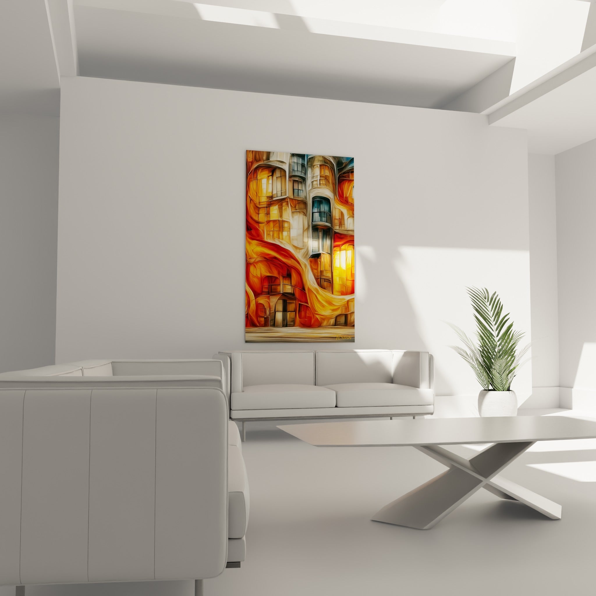 Bâtiment stylisé aux tons orangé et anthracite accroché au-dessus d'un canapé dans un salon lumineux