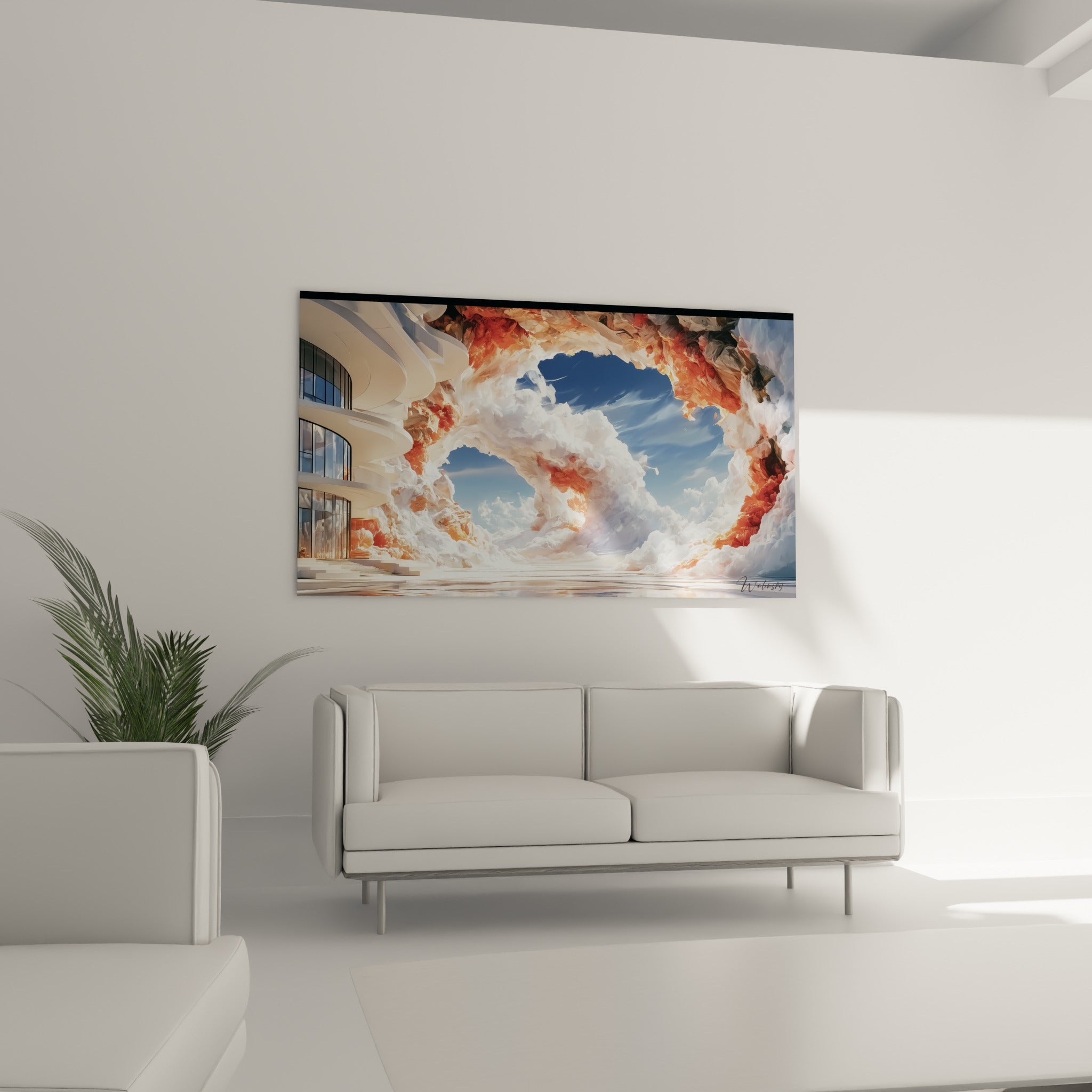 Arche céleste orangée et structure blanche d'architecture abstrait au-dessus d'un canapé dans un salon lumineux