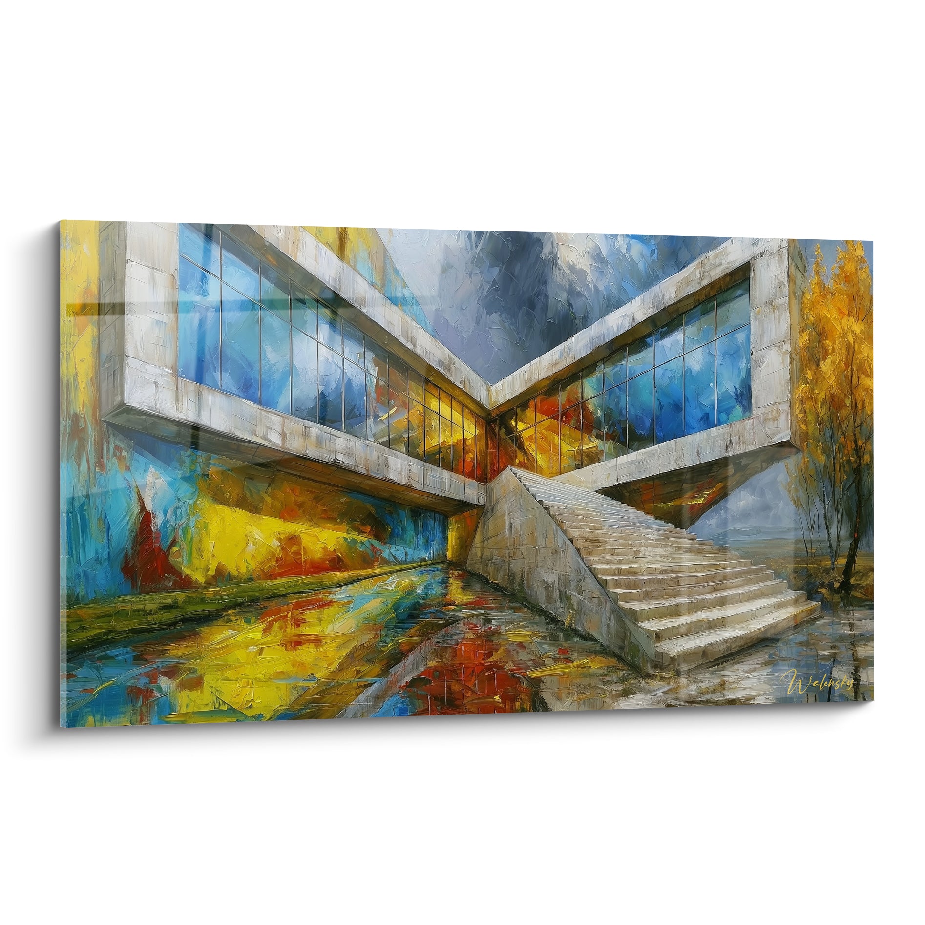 Bâtiment futuriste bleu marine et doré, escalier de pierre en perspective plongeante, peinture au couteau