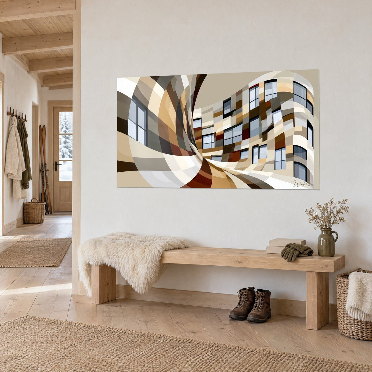 Tableau vortex architectural aux fenêtres bleutées, bandes caramel et chocolat, au mur d'un chalet près d'un banc en bois