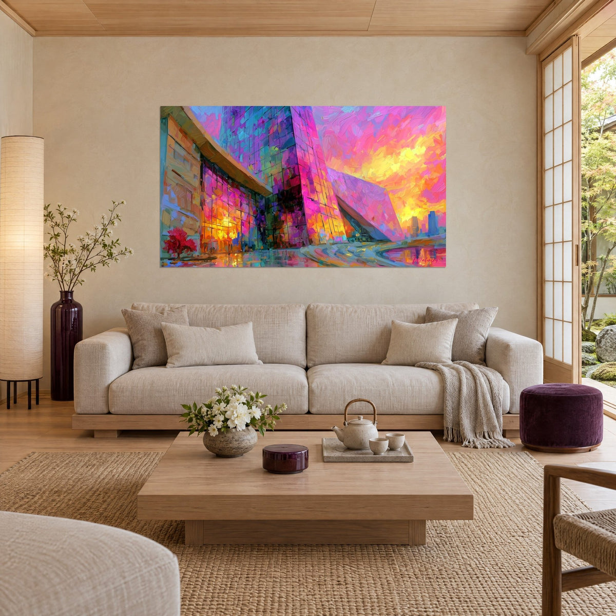 Gemälde eines verglasten Wolkenkratzers mit magentafarbenen und violetten Facetten vor flammend gelbem Himmel, oberhalb eines Sofas in einem hellen Wohnzimmer