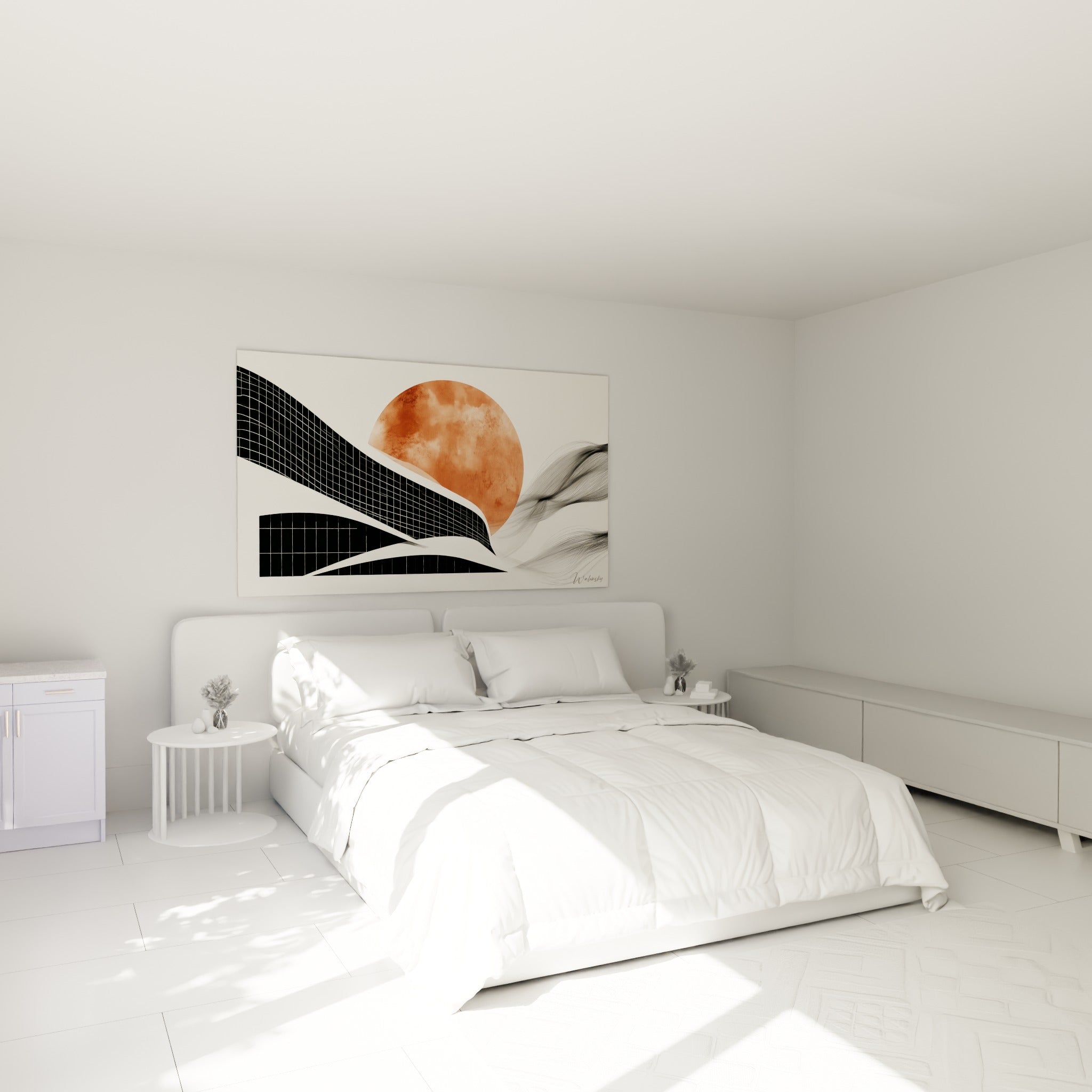 Structure architecturale noire et soleil ocre au-dessus d'un lit dans une chambre claire