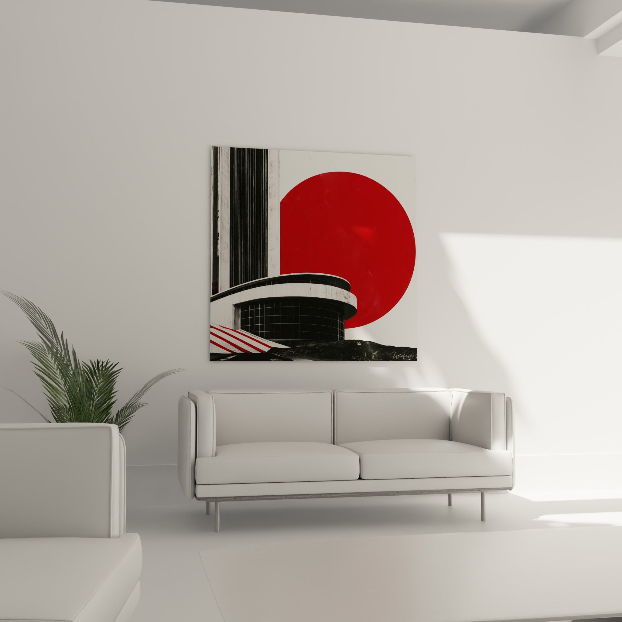 Bâtiment futuriste rouge et blanc, tableau architecture abstrait au-dessus d'un canapé dans un salon lumineux