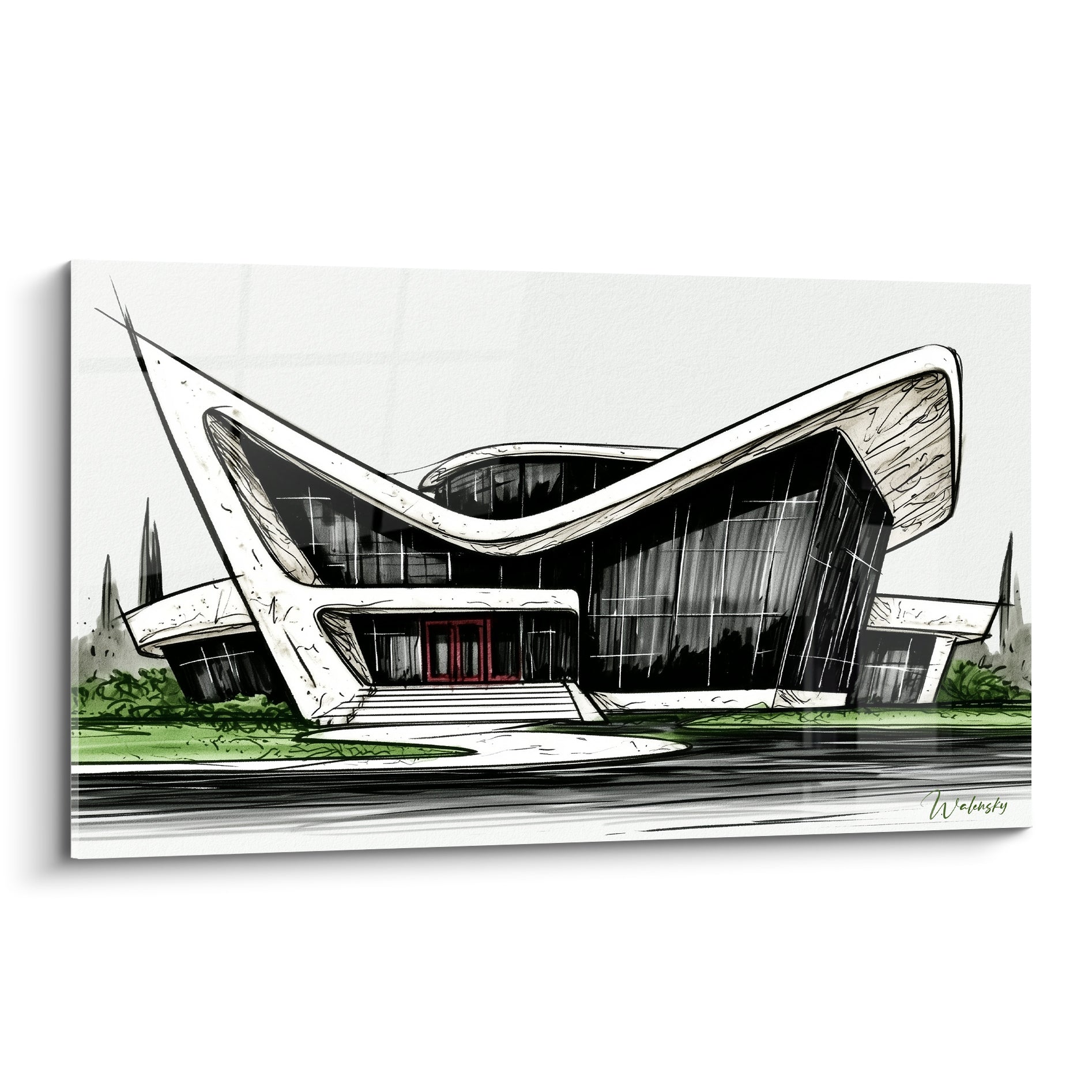 Bâtiment futuriste noir aux toitures blanches courbées, porte rouge et reflet d'eau grise