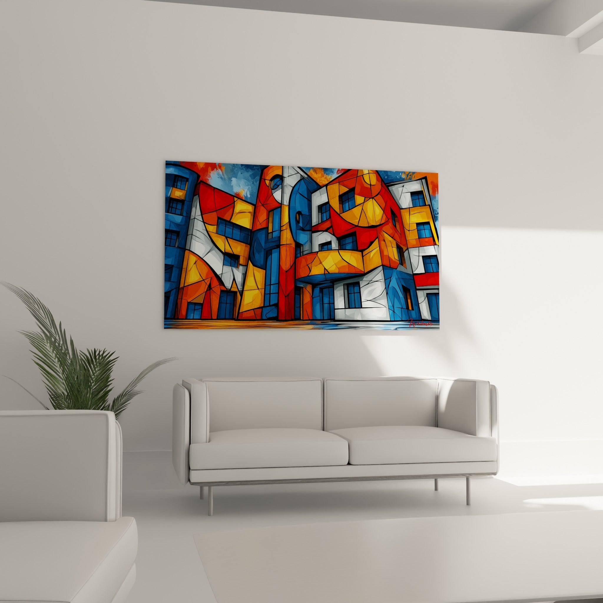 Composition urbaine ocre et bleu profond, tableau architecture abstrait au-dessus d'un canapé dans un salon lumineux