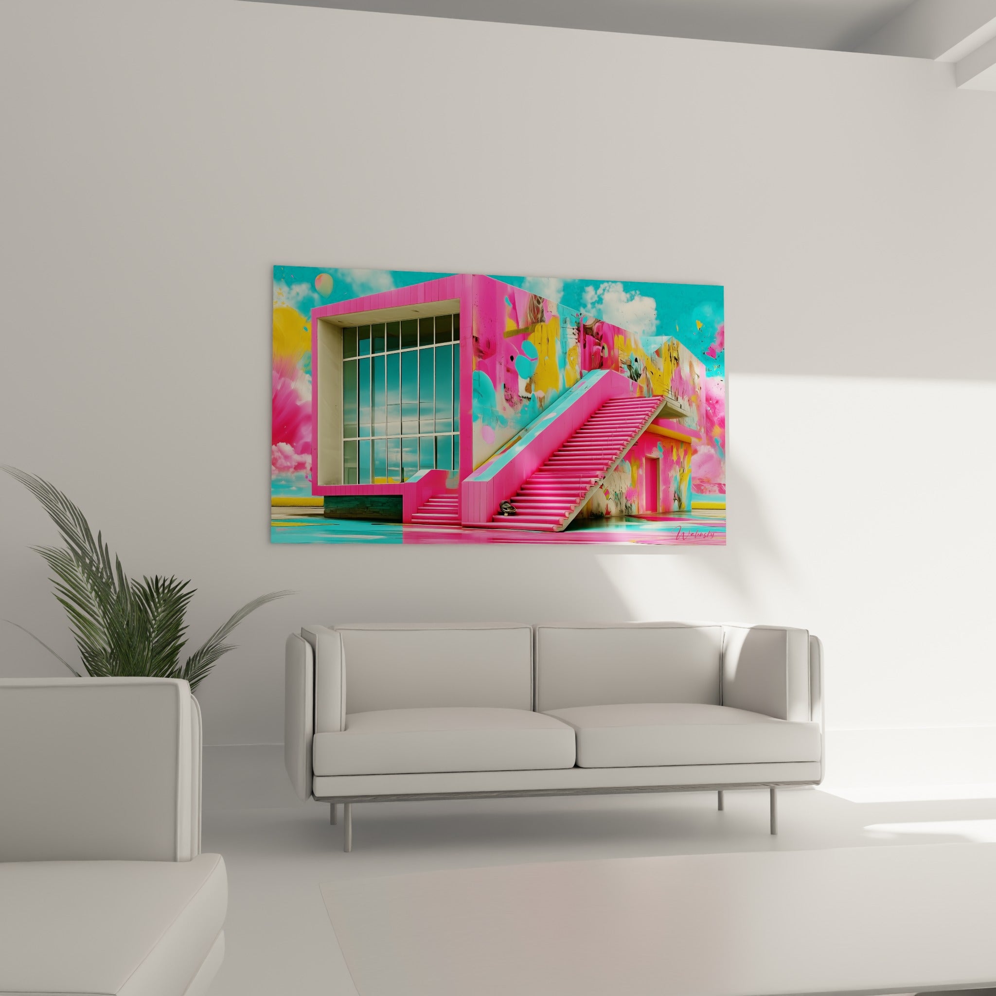 Façade jaune doré et turquoise avec escalier rose vif au-dessus d'un canapé dans un salon lumineux