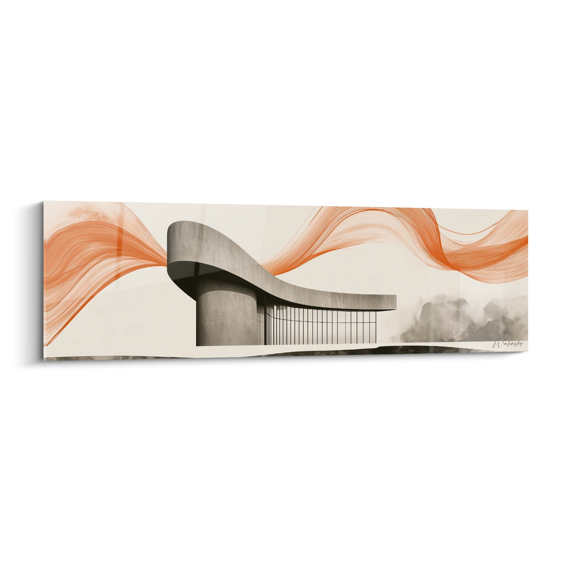 Bâtiment gris courbe traversé de volutes orange et terracotta, tableau architecture abstrait panoramique