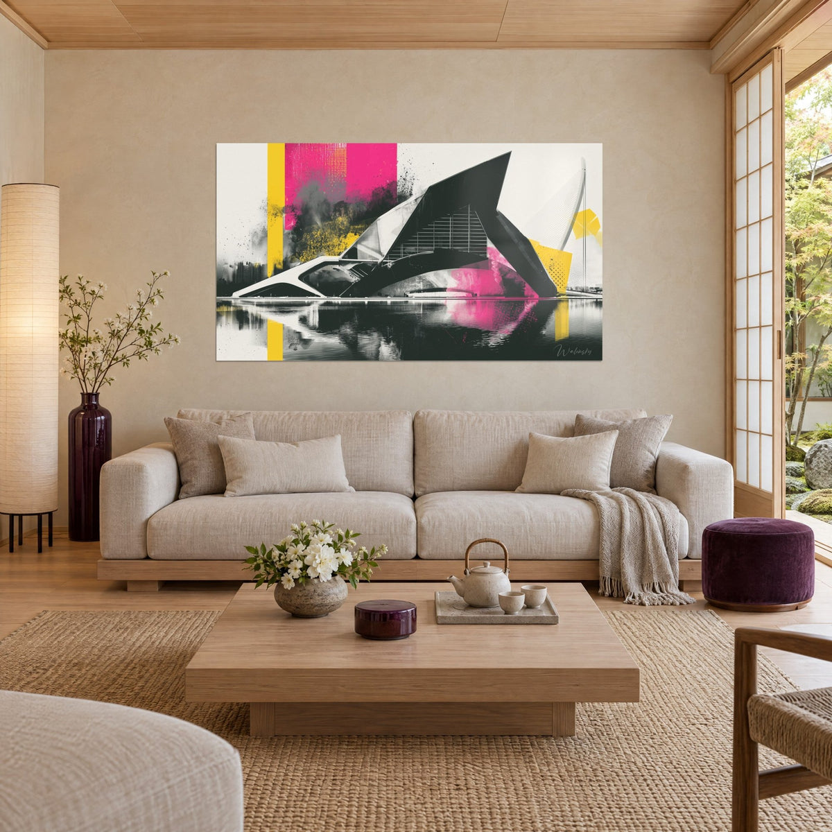 Quadro Opéra con spigoli neri che tagliano un cielo crema, strisce gialle e nuvole rosa, sopra un divano in un soggiorno luminoso