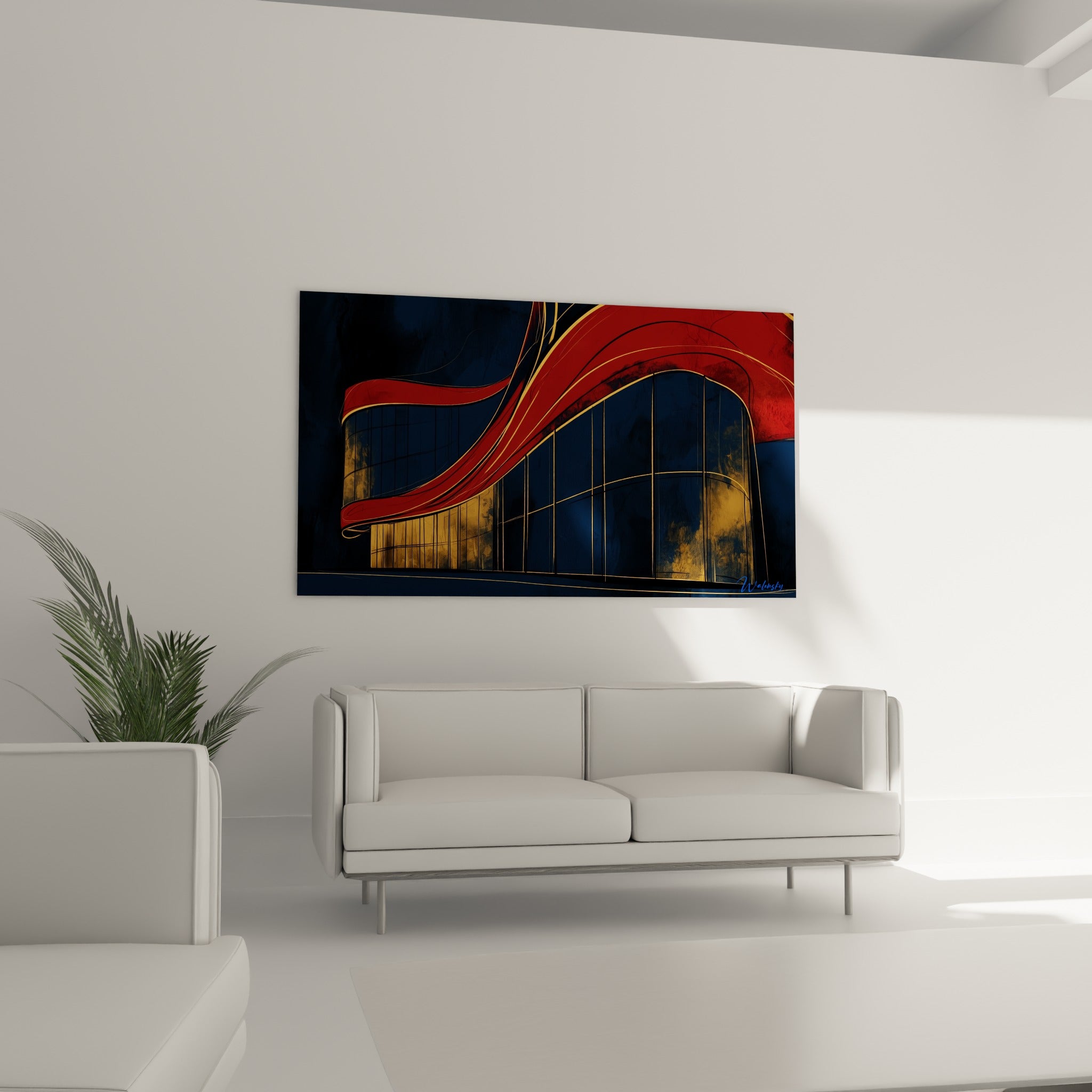 Bâtiment stylisé aux tons dorés et rouge feu, tableau architecture abstrait au-dessus d'un canapé dans un salon lumineux