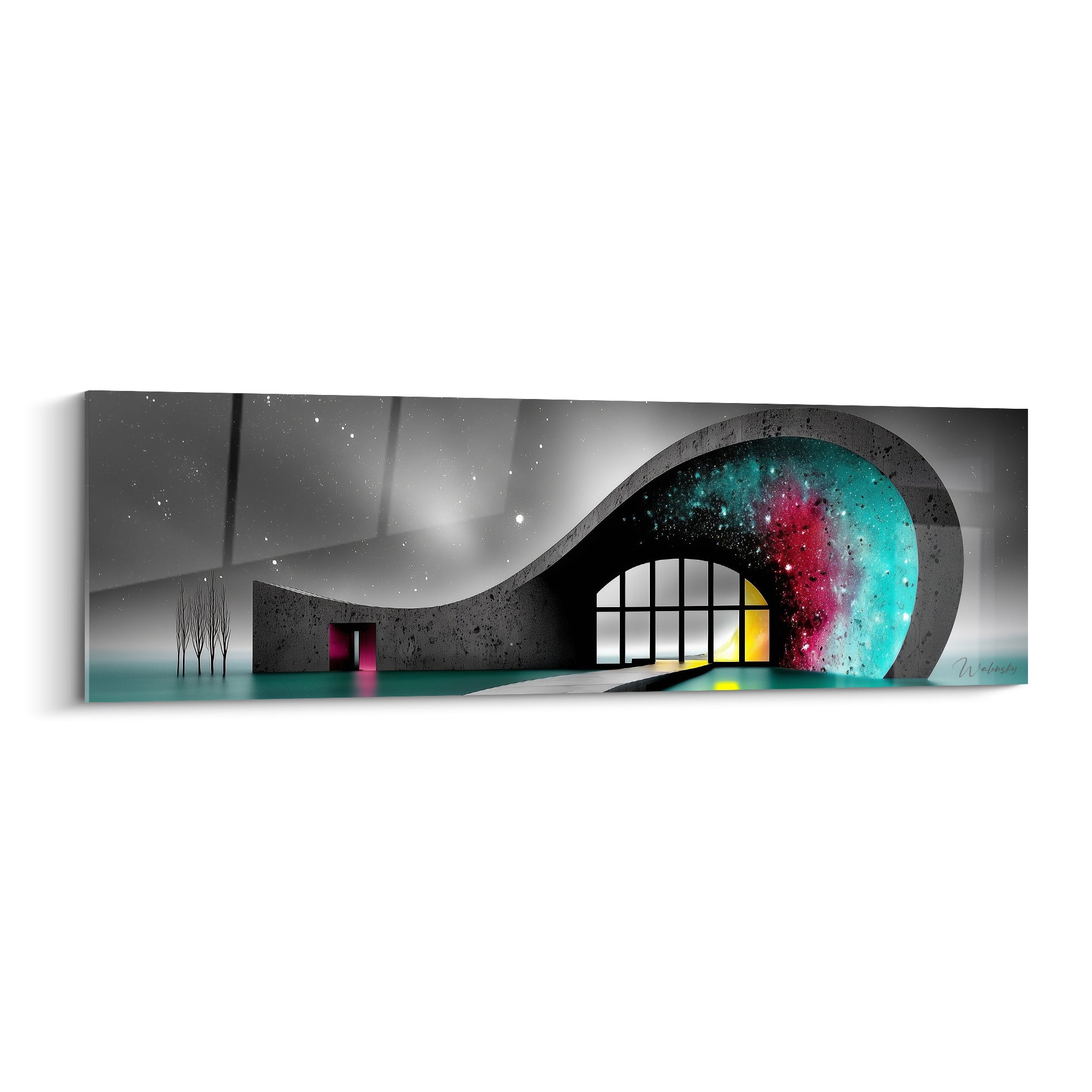 Structure de béton incurvée en architecture abstrait, gris anthracite et nébuleuse turquoise fuchsia étoilée