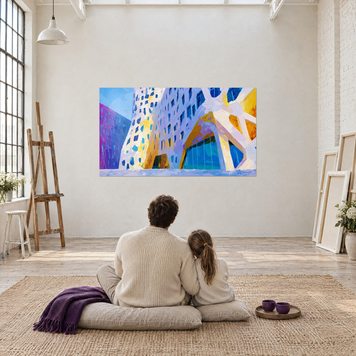 Cuadro edificio con arcos dorados, muros blanco roto y fachada violeta, adulto y niño sentados de espaldas sobre un cojín en un taller de artista