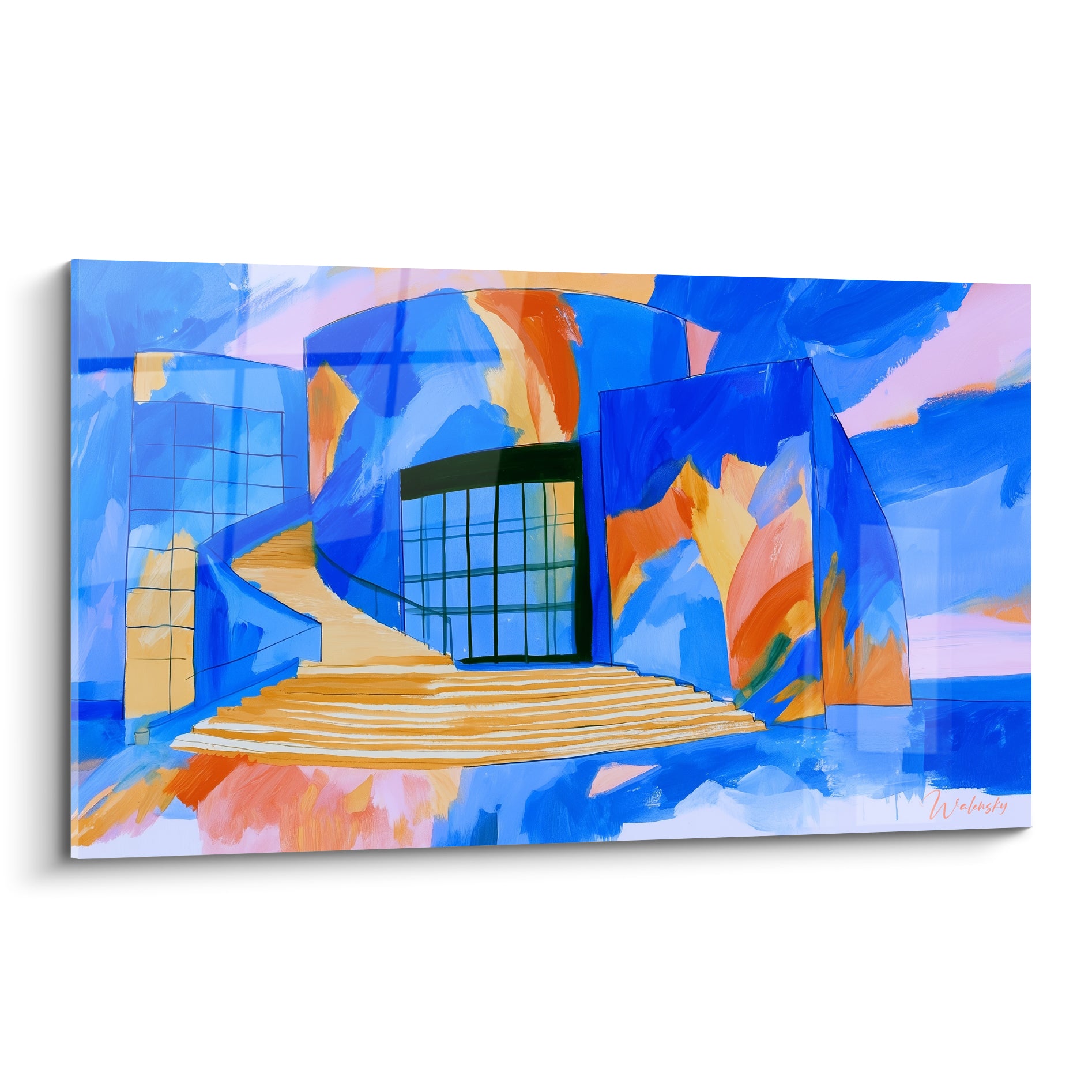 Bâtiment architecture abstrait aux teintes bleu marine et orange, escalier doré menant à une porte vitrée