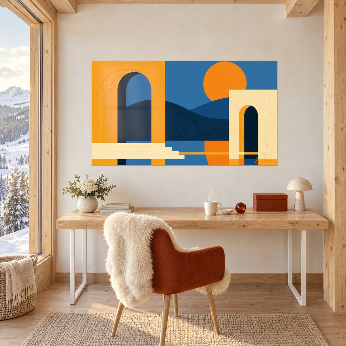 Tableau architecture stylisée ocre, bleu marine et crème, soleil orange sur horizon, au mur d'un bureau en bois clair de chalet