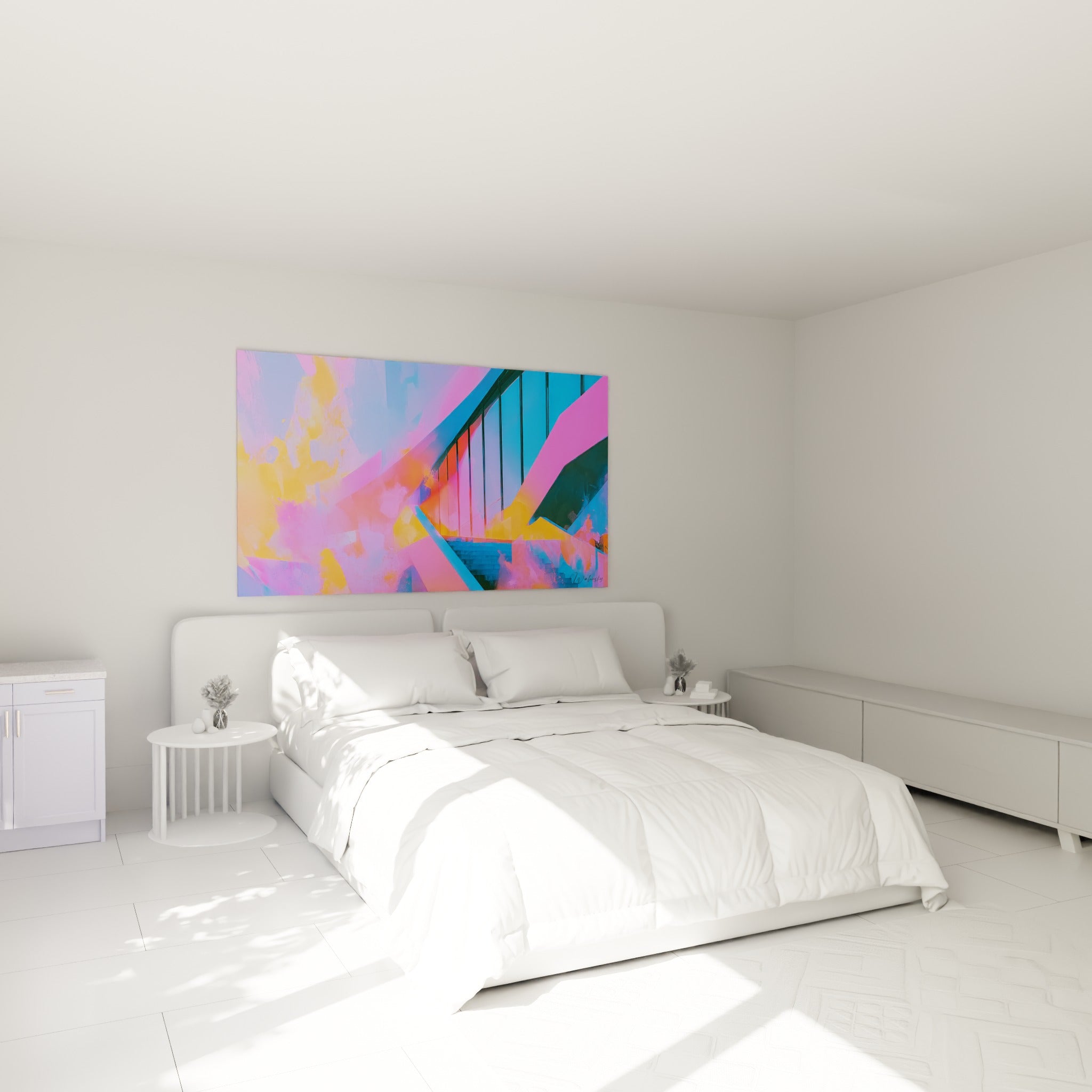 Composition graphique bleu marine et rose vif, au-dessus d'un lit dans une chambre claire