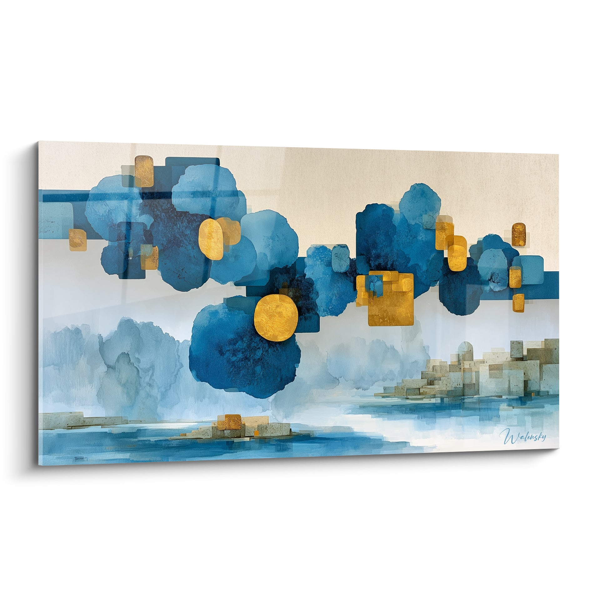 Architecture abstrait aux nuées bleu marine et cercles dorés flottant sur fond crème