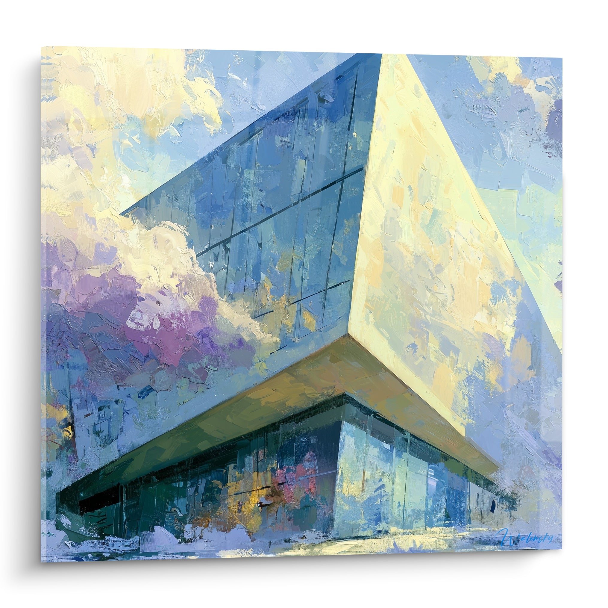 Bâtiment anguleux en bleu marine et jaune pâle sur ciel nuageux, tableau architecture abstrait