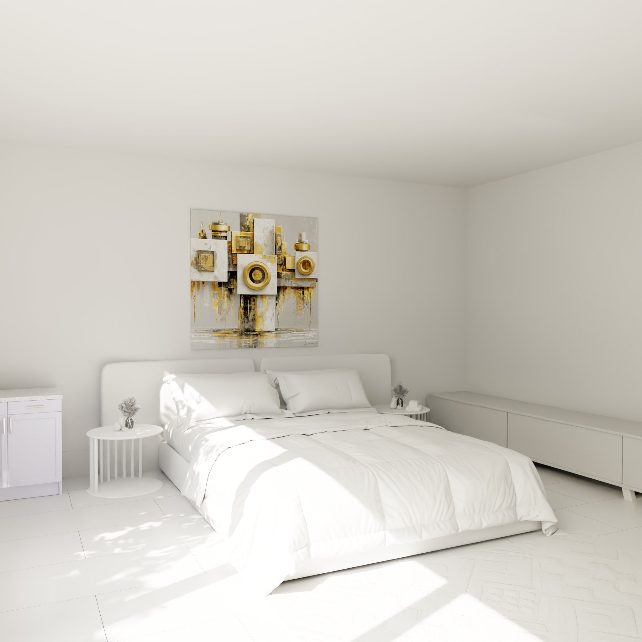 Blocs blancs et dorés du tableau architecture abstrait accrochés au-dessus d'un lit dans une chambre claire