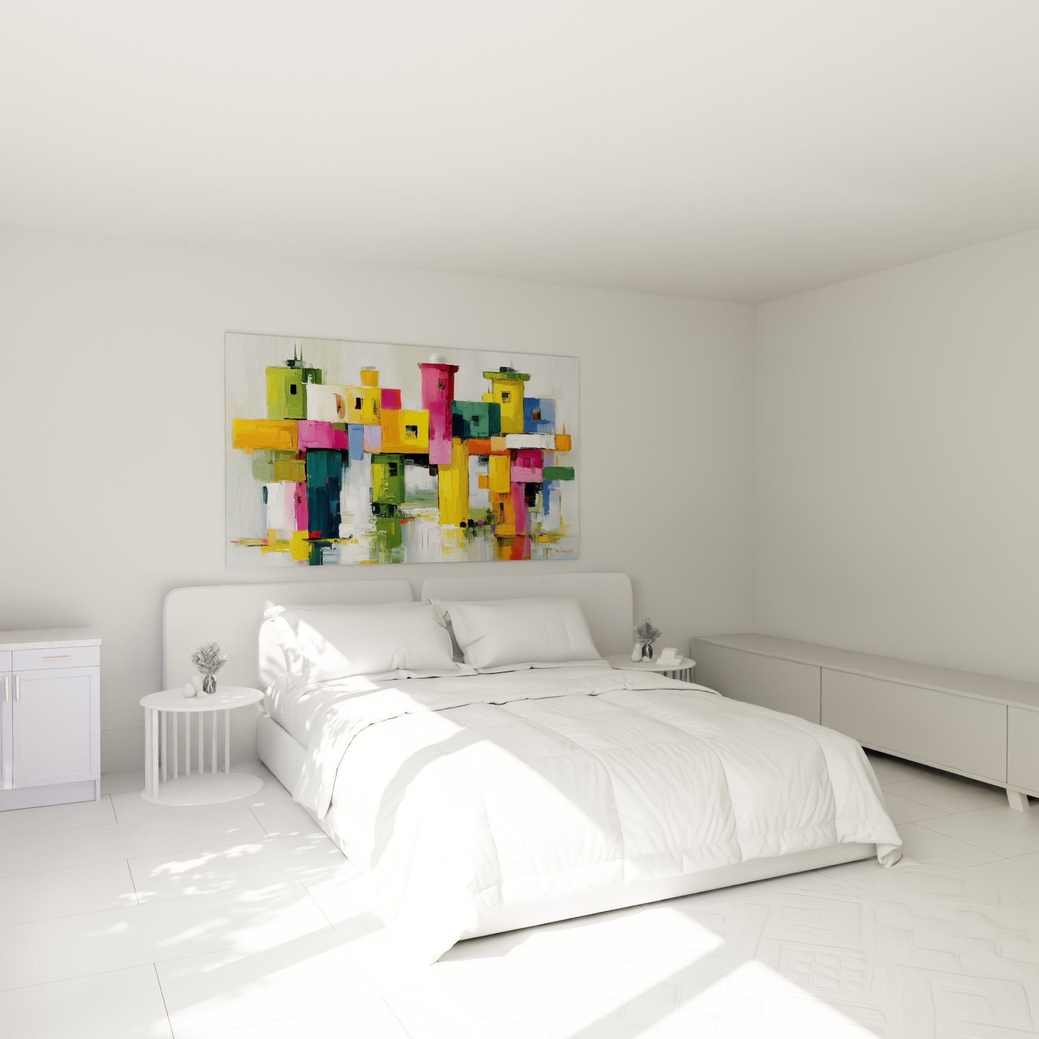 Constructions colorées architecture abstrait en rose et jaune au-dessus d'un lit dans une chambre claire