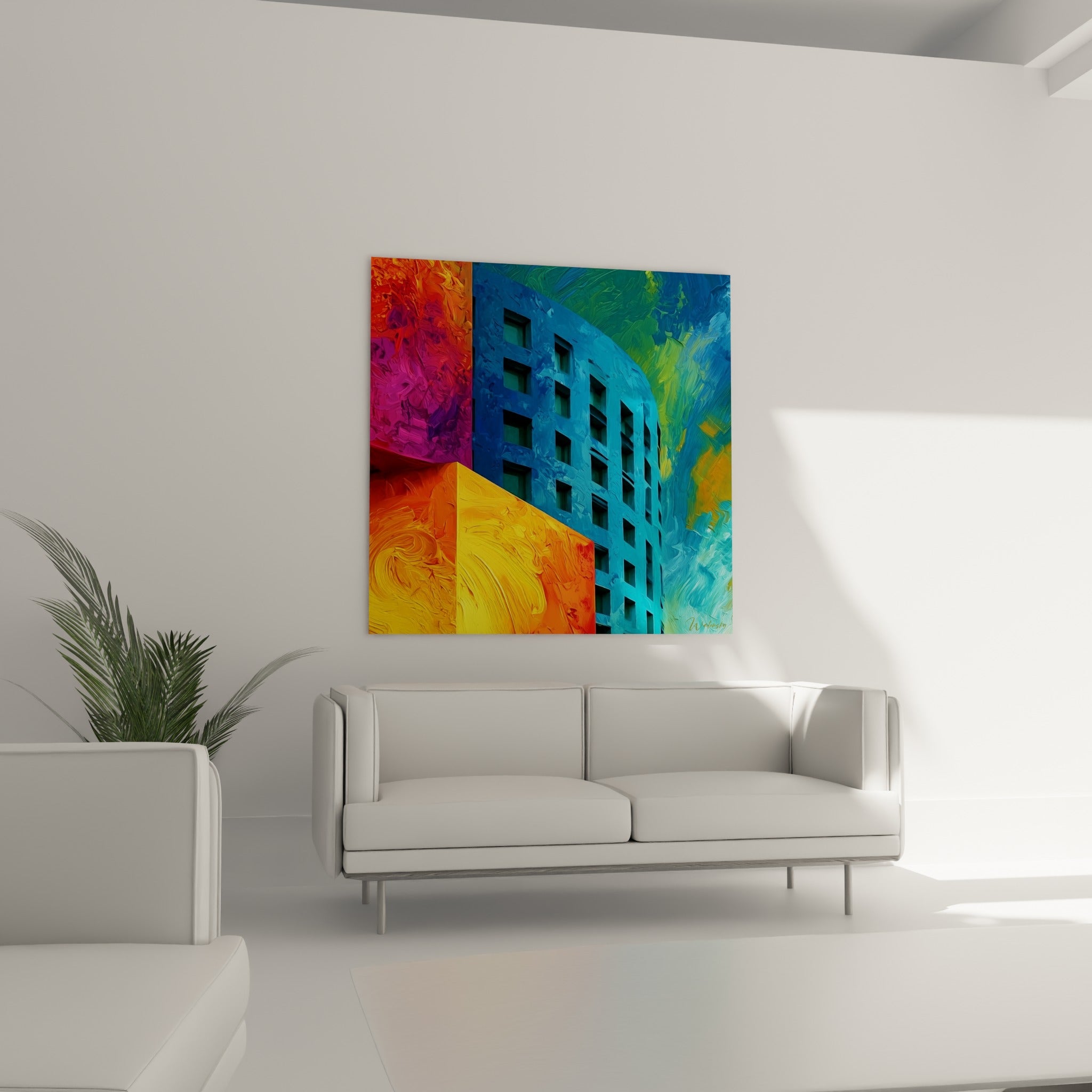 Architecture turquoise et magenta aux touches épaisses au-dessus d'un canapé dans un salon lumineux