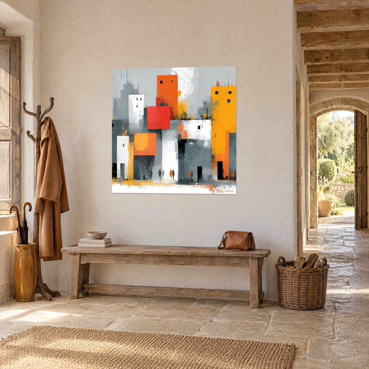 Tableau façades blanches et cube rouge vif entre tours safran, éclats noirs et gris, banc en bois, maison de pierre
