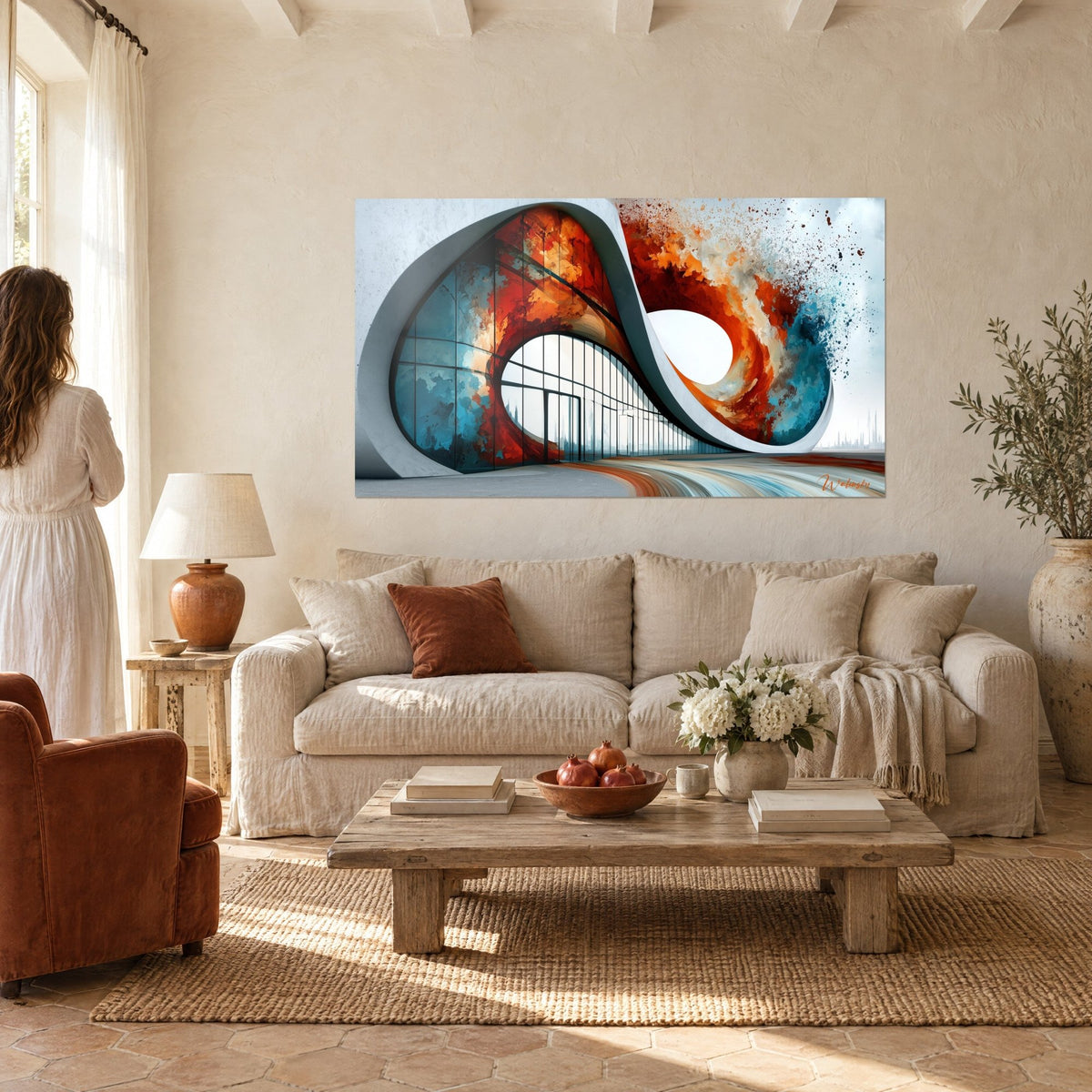 Tableau bâtiment futuriste en boucle blanche, éclaboussures orange et bleu turquoise, au-dessus d'un canapé dans un salon lumineux