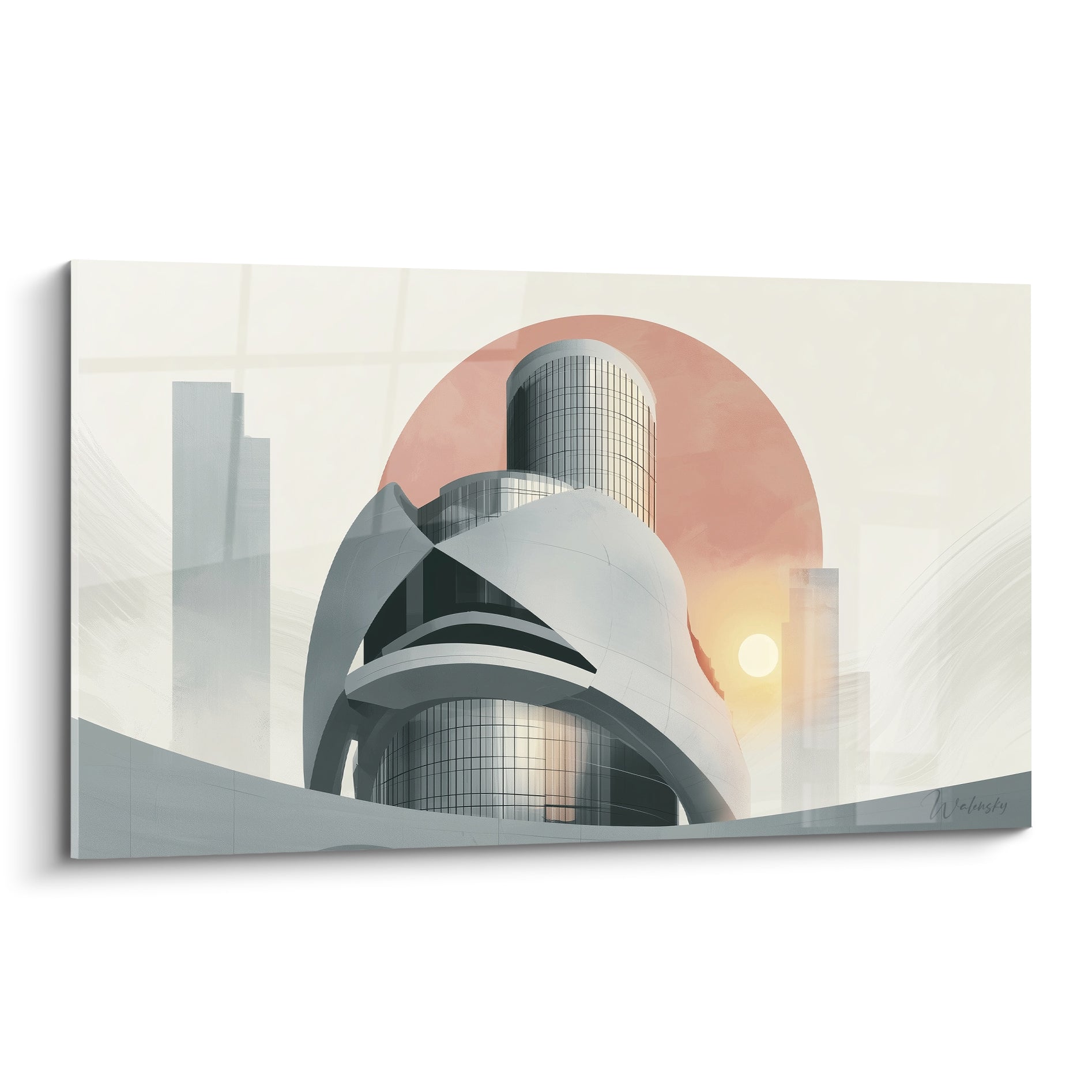 Building futuriste gris anthracite et corail pâle, courbes fluides devant un soleil levant