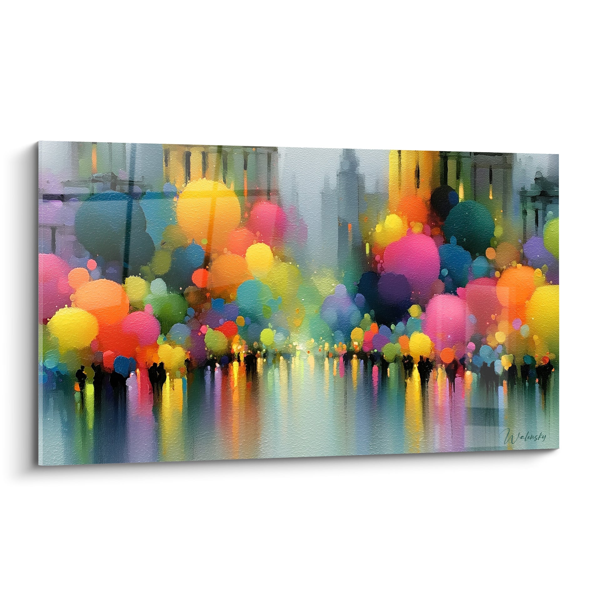 Bulles jaune, rose et bleu marine flottant sur une rue urbaine brumeuse, style architecture abstrait
