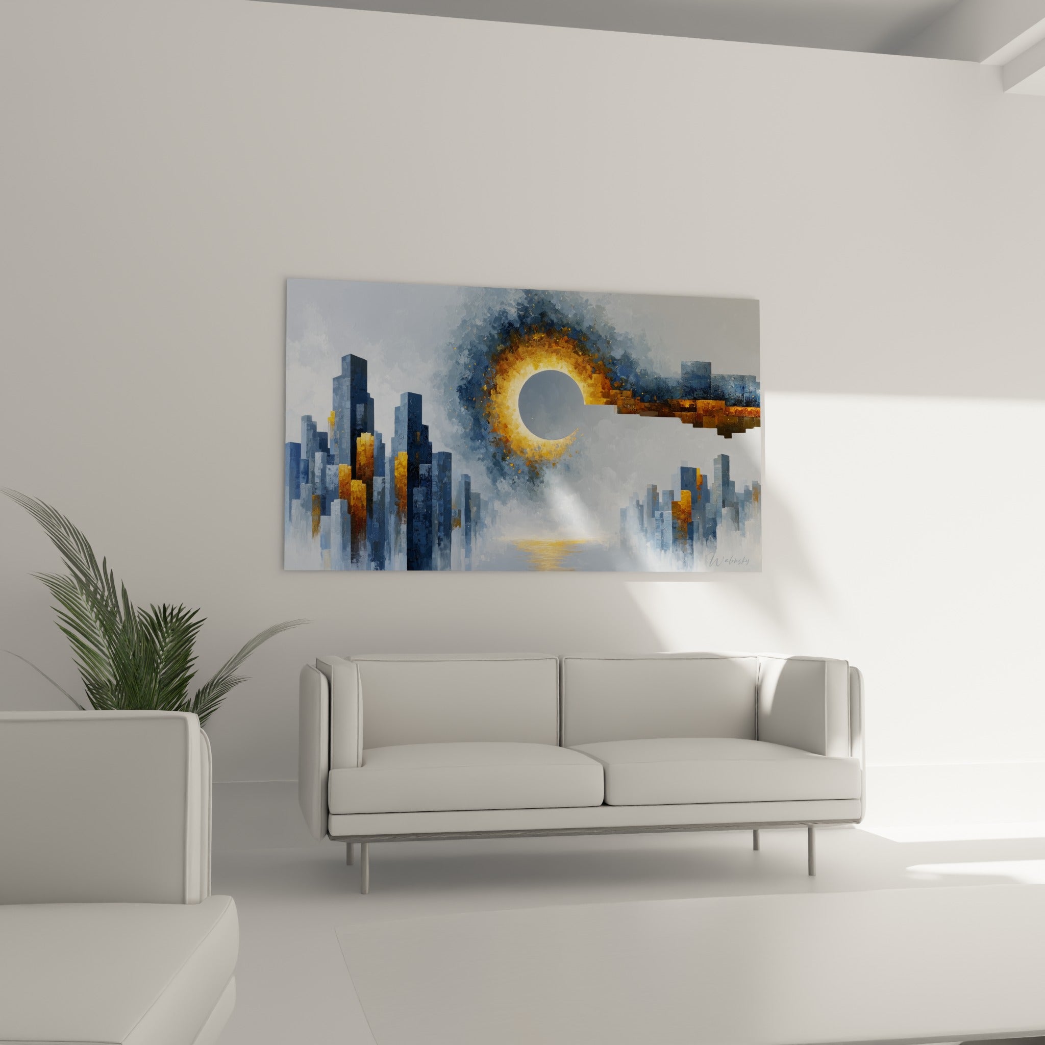 Tours bleu ardoise et halo doré, tableau architecture abstrait au-dessus d'un canapé dans un salon lumineux