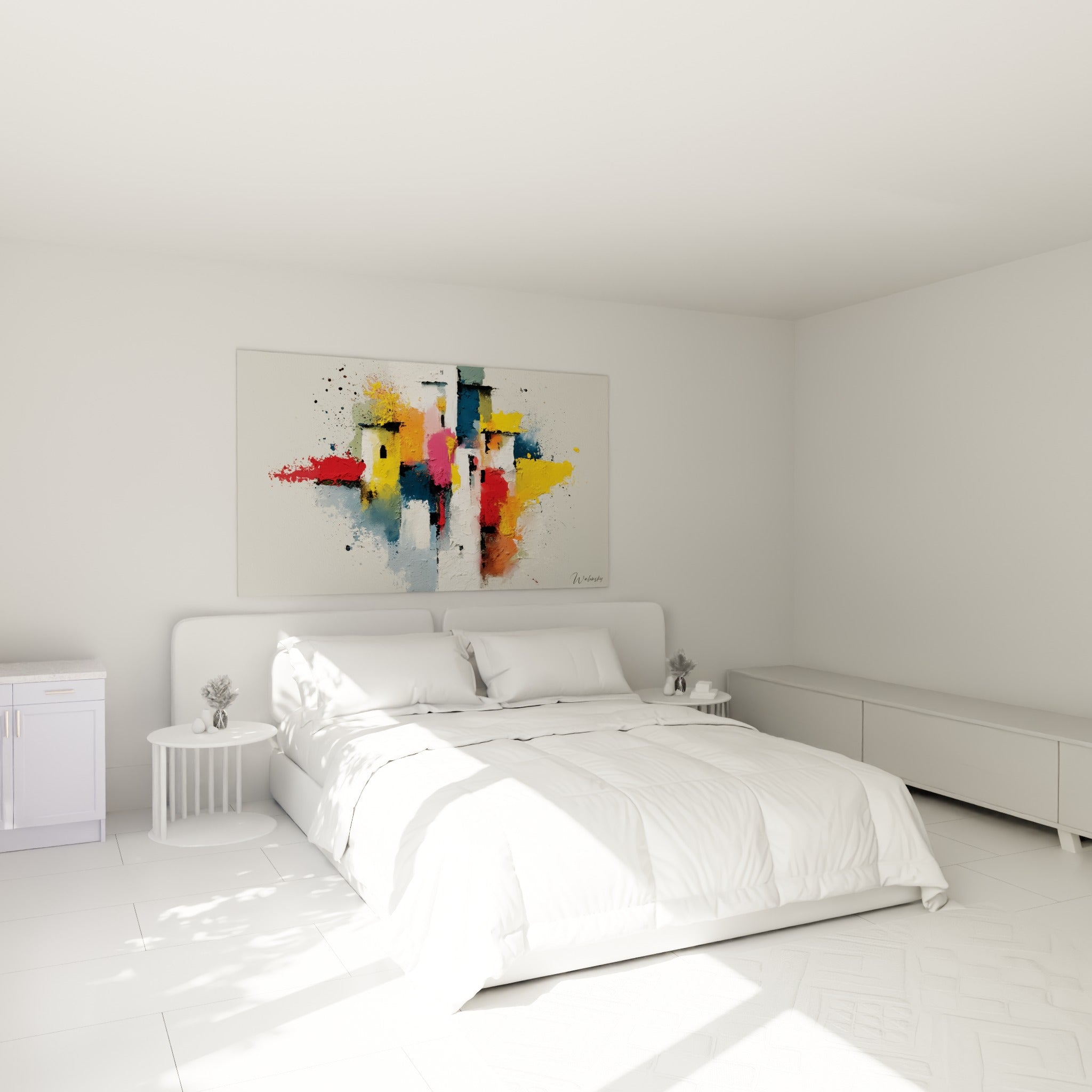 Blocs colorés jaune et bleu marine de ce tableau architecture abstrait au-dessus d'un lit dans une chambre claire