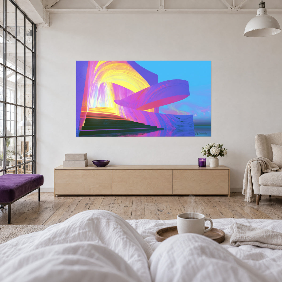 Gemälde heller Durchgang mit dunklen Stufen und gelbem Gewölbe, violette und rosa Bänder vor blauem Himmel, von hinten gesehen, über einem Bett in einem hellen Schlafzimmer