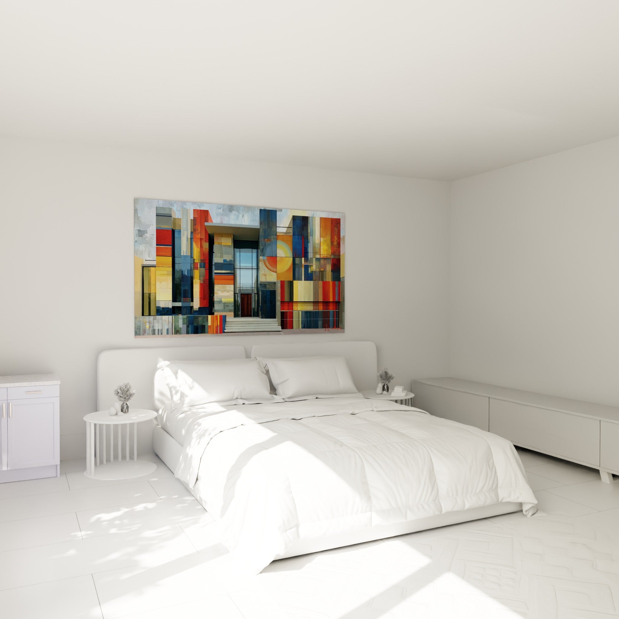 Panneaux géométriques bleu marine et rouge brique accrochés au-dessus d'un lit dans une chambre claire