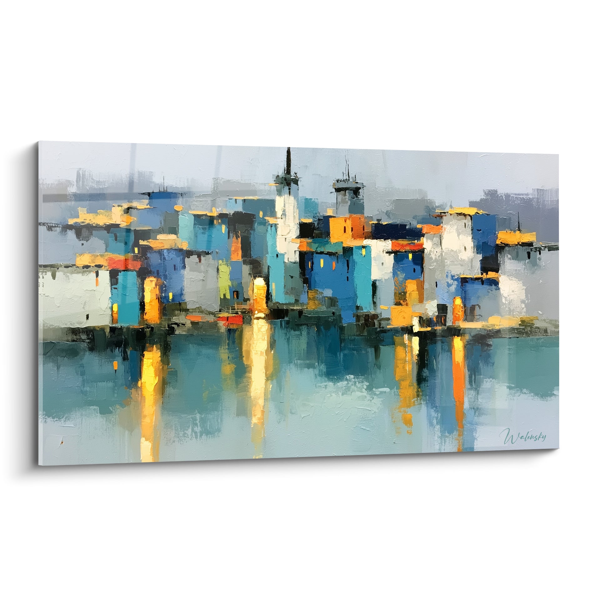 Cité bleu marine et dorée aux reflets orangés, tableau architecture abstrait en peinture au couteau