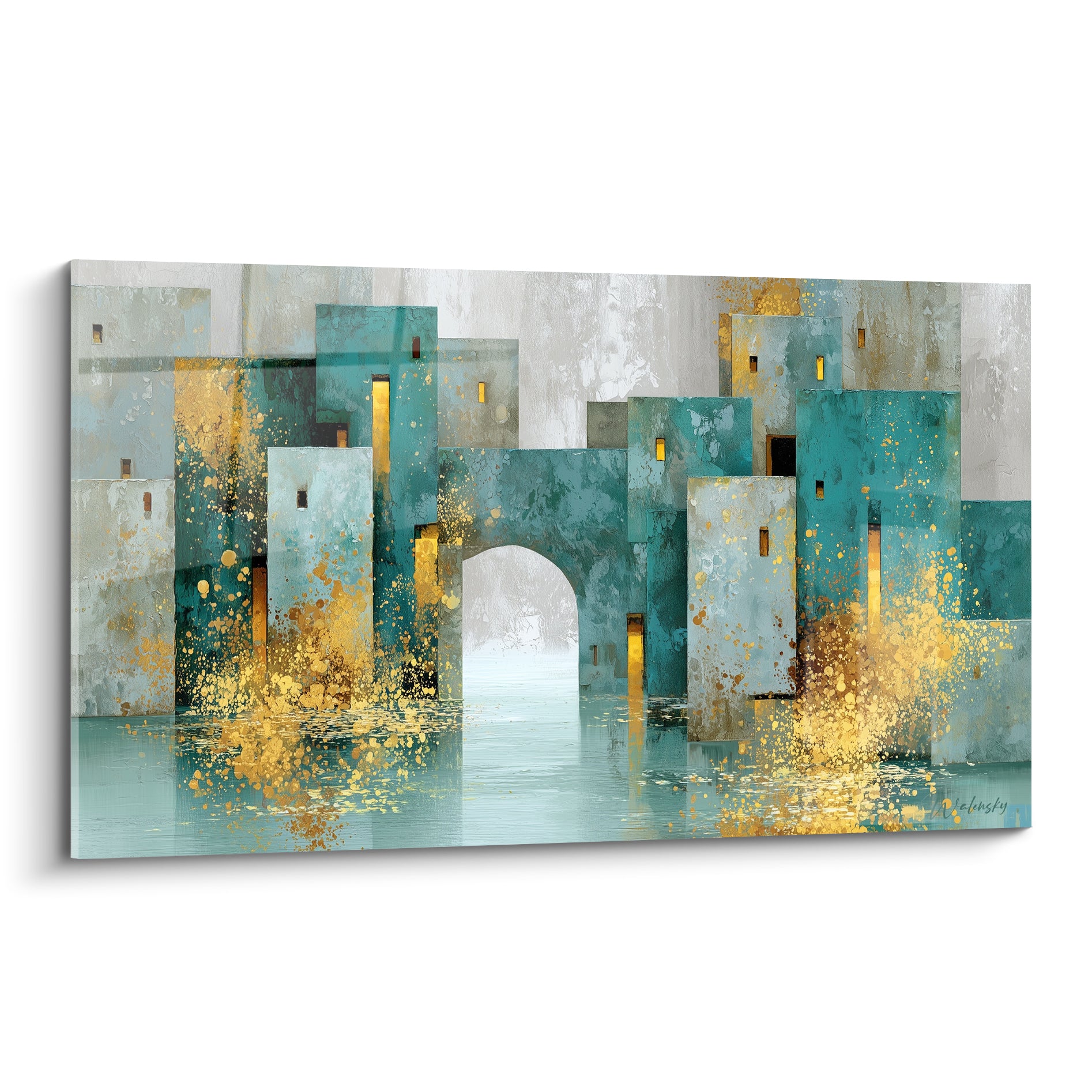Cité fortifiée en bleu sarcelle et doré, arche centrale, tableau architecture abstrait sur toile