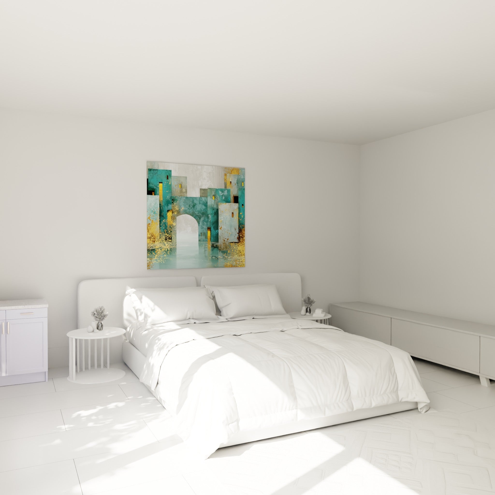 Arche turquoise et éclaboussures dorées accrochées au-dessus d'un lit dans une chambre claire