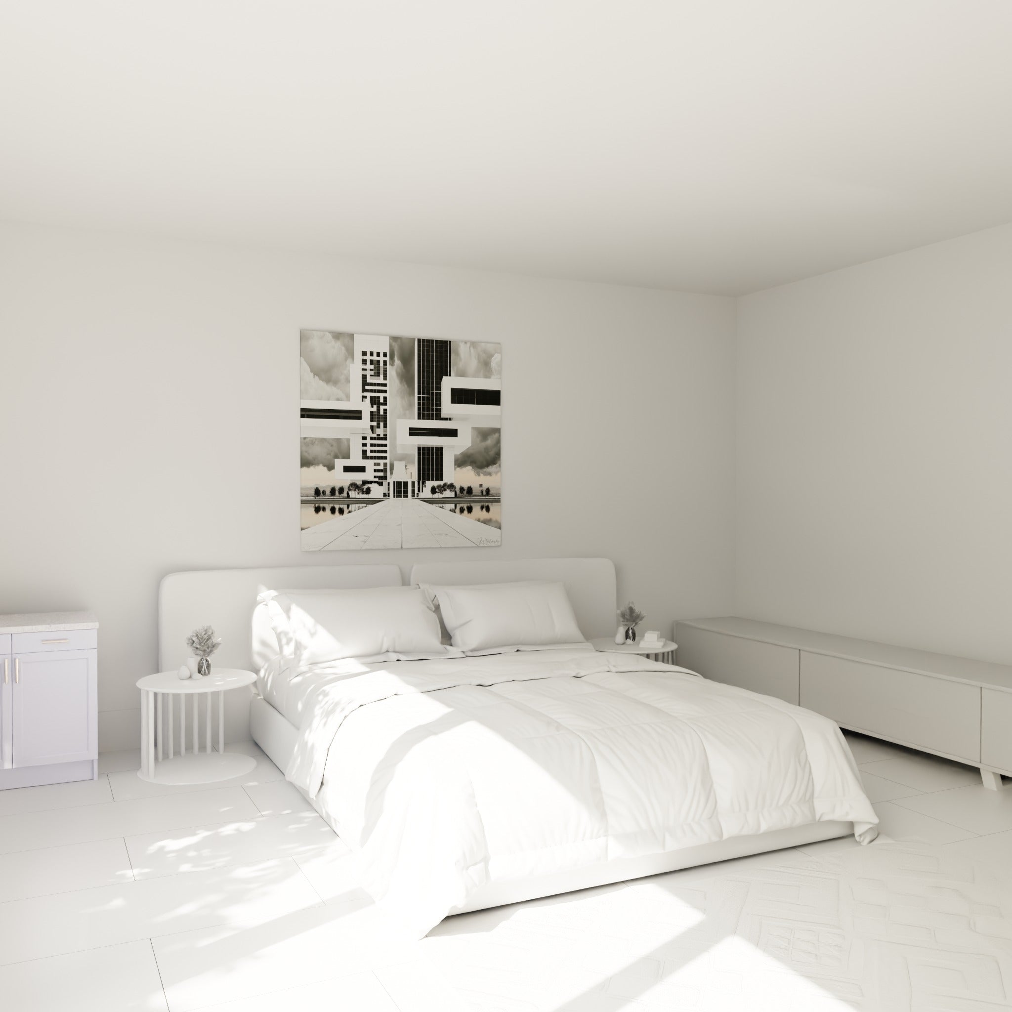 Édifice architecture abstrait blanc et anthracite accroché au-dessus d'un lit dans une chambre claire