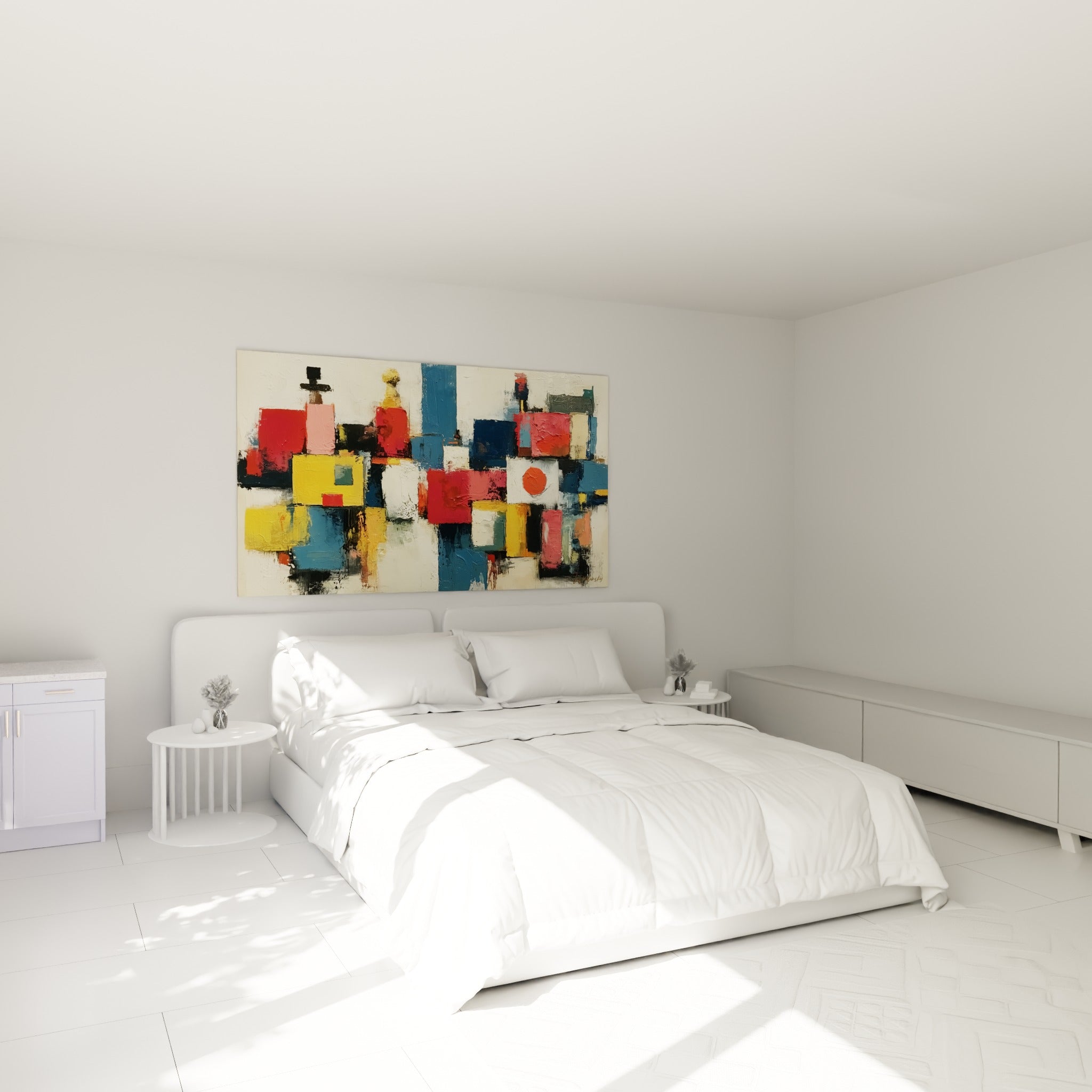 Blocs colorés bleu marine et rouge cerise composant une cité abstraite, au-dessus d'un lit dans une chambre claire