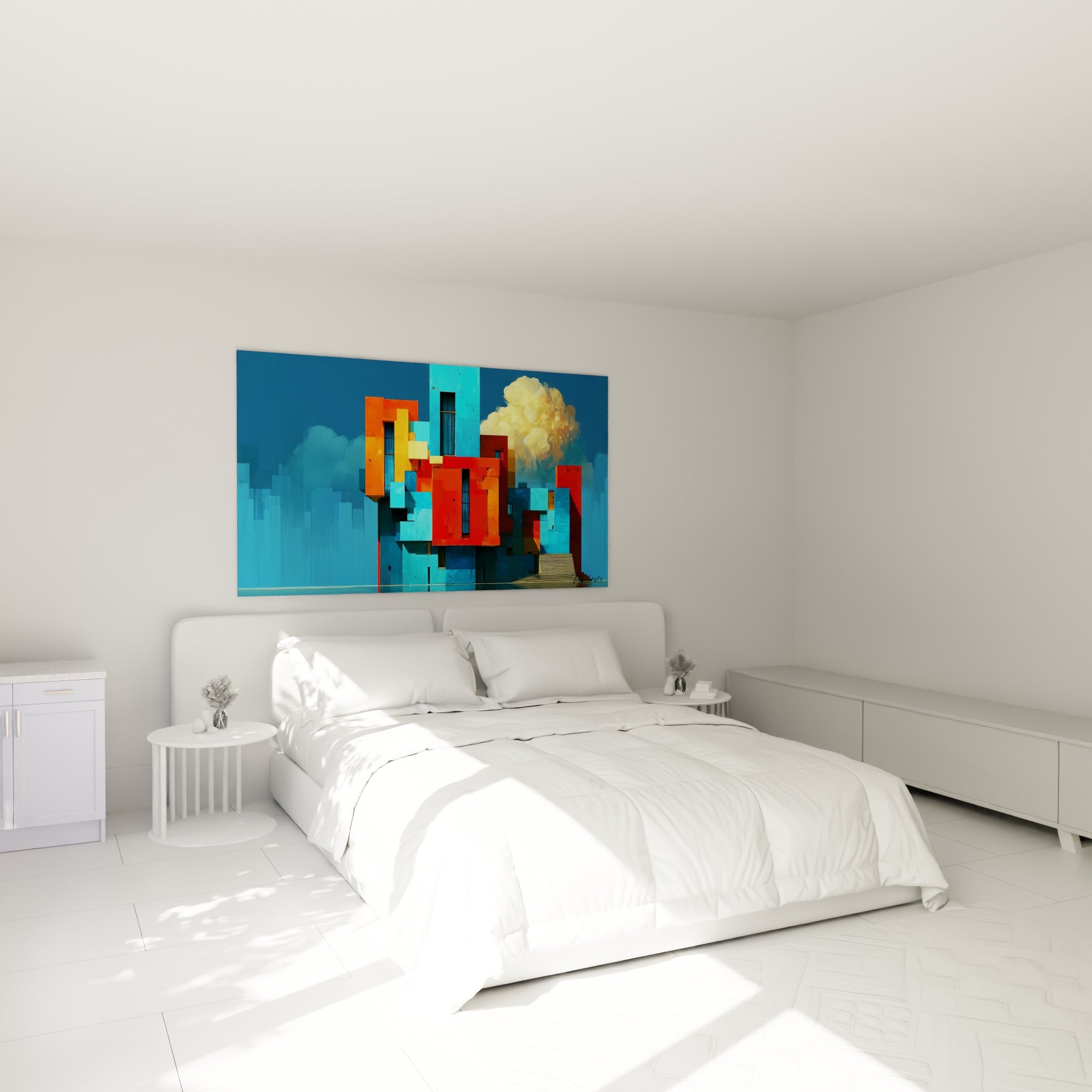 Constructions géométriques bleues et orangées de cette architecture abstrait, au-dessus d'un lit dans une chambre claire