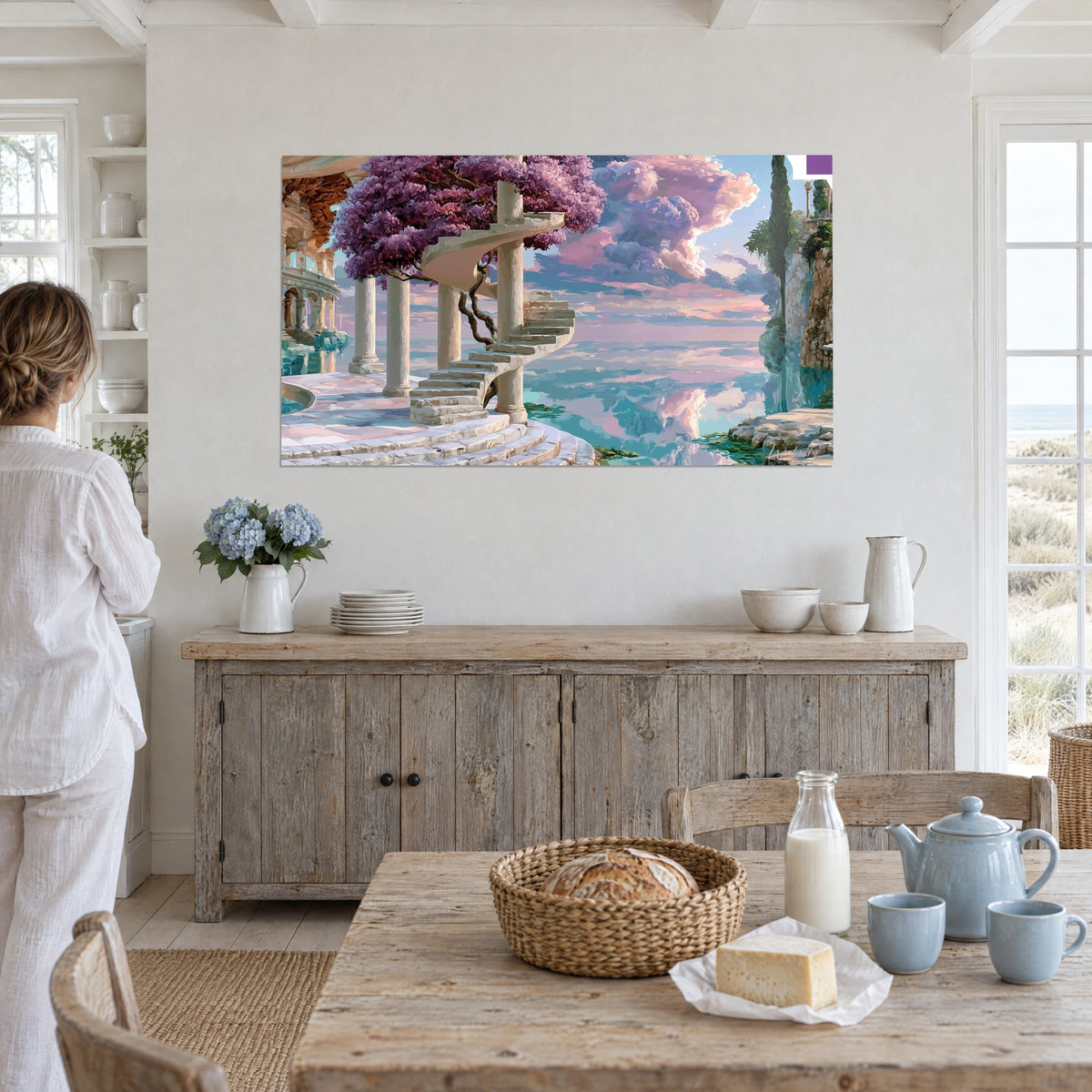 Gemälde Trauben lila Glyzinie an weißen Säulen, rosa und lavendelfarbene Wolken, in einem Esszimmer am Meer