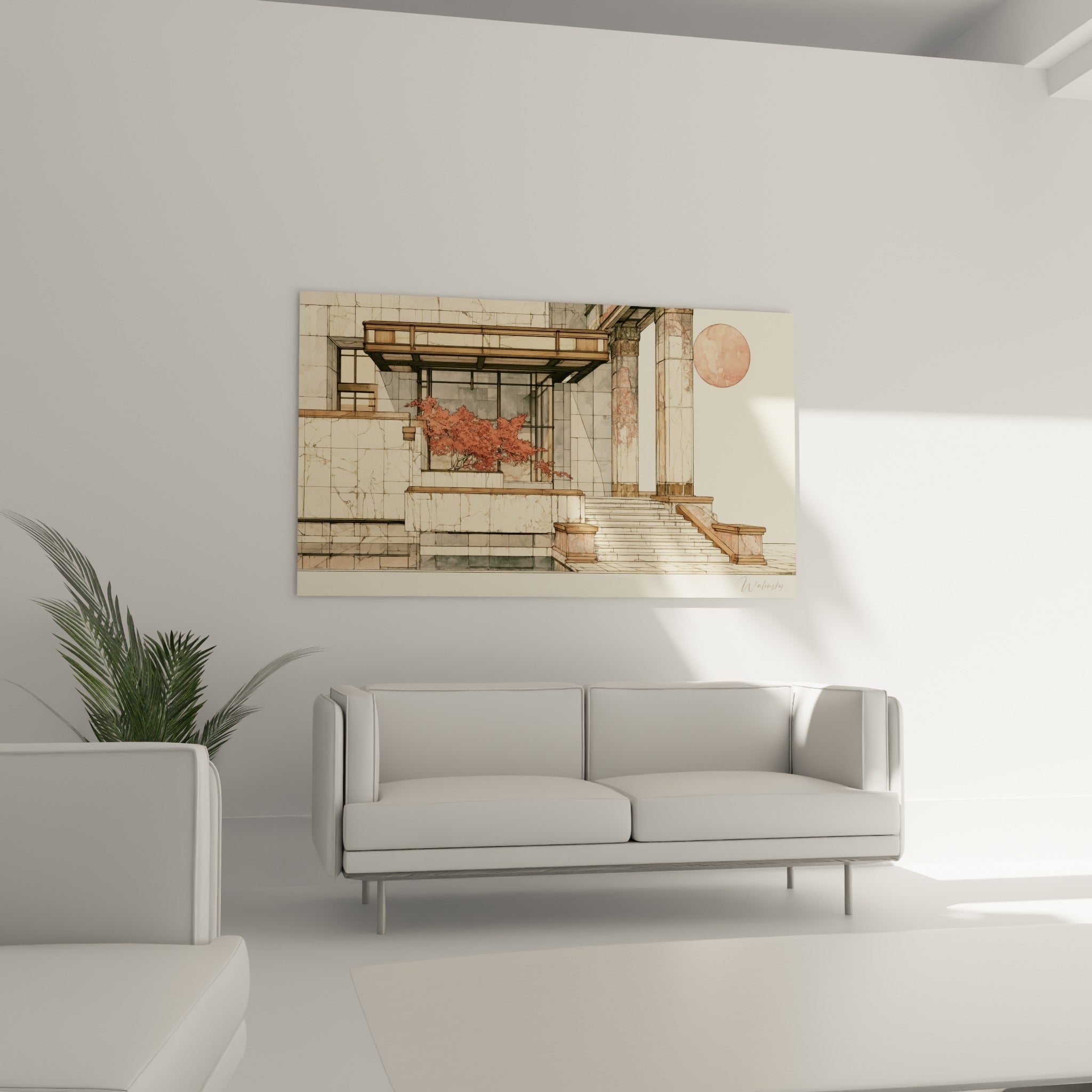 Façade ivoire ornée d'un arbre pourpre de ce tableau architecture abstrait au-dessus d'un canapé dans un salon lumineux