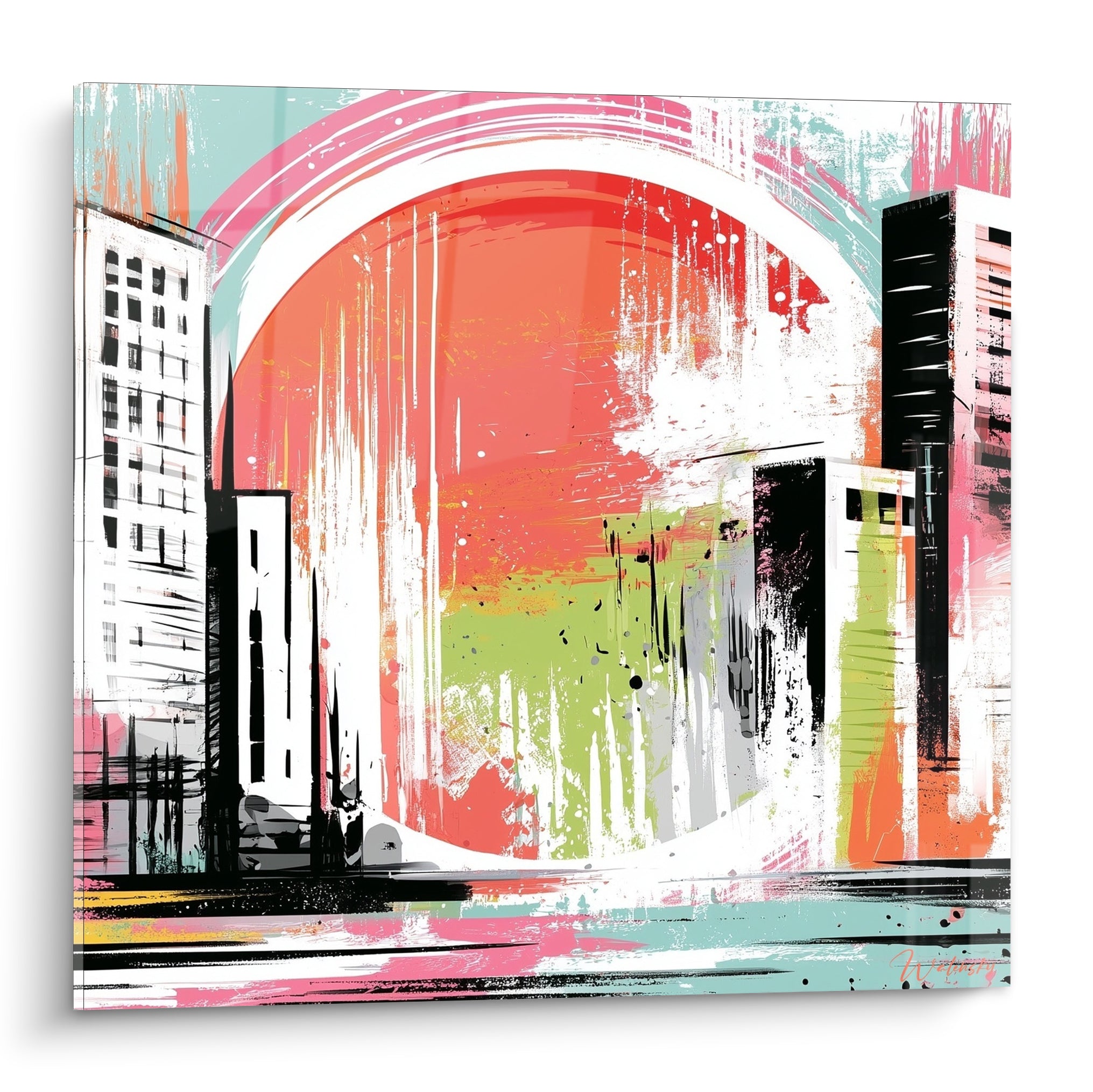 Skyline abstraite corail, vert anisé et turquoise, tours noires et blanches sous un cercle solaire éclaboussé