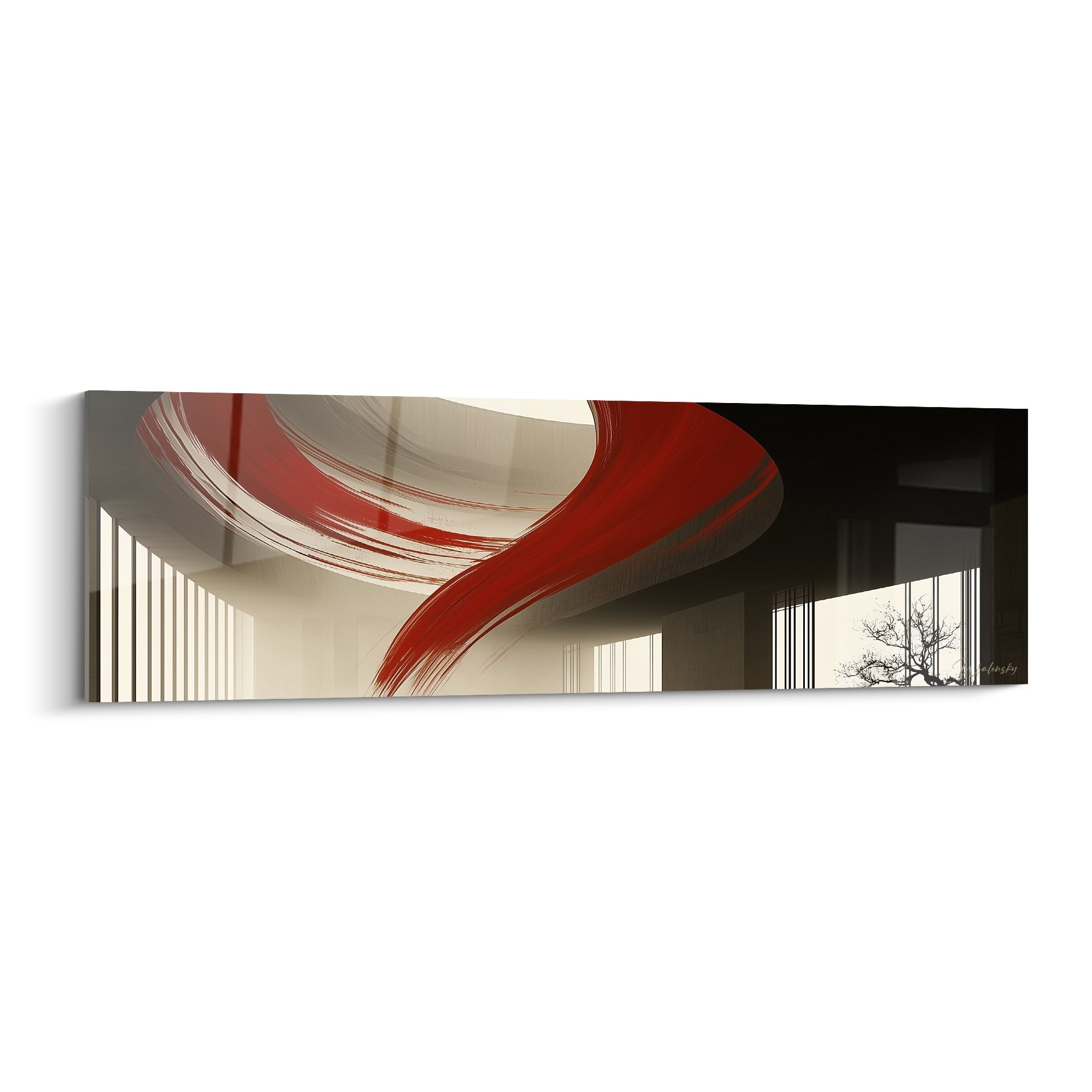 Traînée rouge sur fond ivoire et anthracite, tableau architecture abstrait au geste calligraphique intense