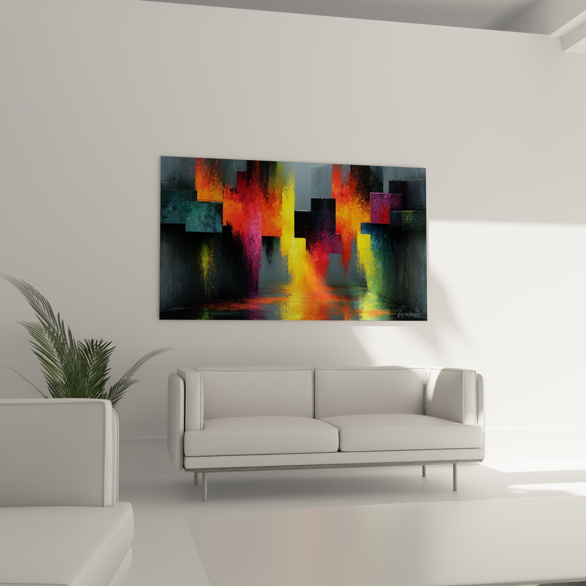 Piliers sombres et coulées jaunes vibrantes de ce tableau architecture abstrait au-dessus d'un canapé dans un salon lumineux