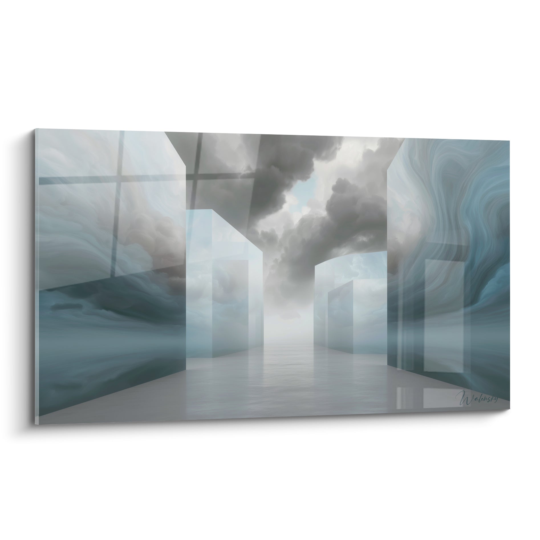 Architecture abstrait bleu marine et gris, couloir de verre sous des nuages anthracite orageux